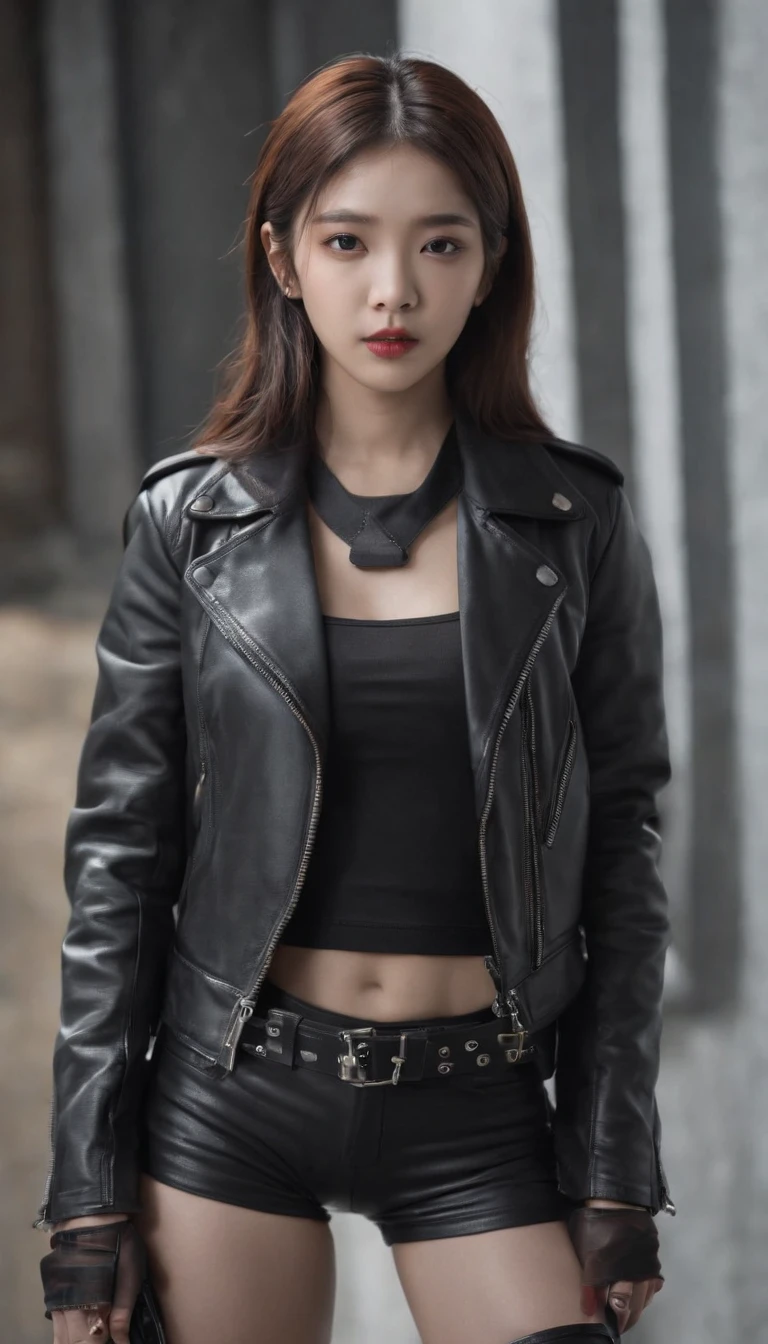 Alafi woman in black leather jacket and shorts posing for photo, iu lee ji-eun as a super villain, cruel korean goth girl, wearing cyberpunk leather jacket, sun yunjoo, She is wearing a leather jacket, Leather, Dressed in black leather, park shin hye as a super villain, portrait of jossi of blackpink, black leather slim clothes, gothic jacket