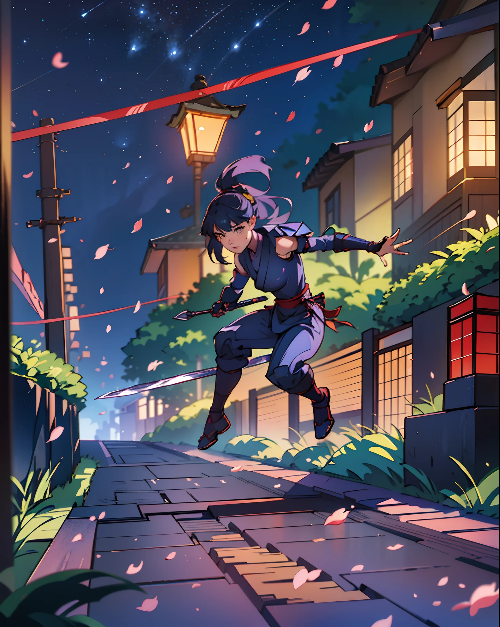 Ninja in blue costume,riding a yellow excavator,on a road at night with cherry trees around,illustration style,masterpiece:1.2,ultra-detailed,realistic,sharp focus,professional,vivid colors,bokeh,portrait,nighttime,dark lighting,moonlight,night sky,mysterious atmosphere,ancient Japanese art style,samurai elements,stealthy,fast-paced action,motion blur,metallic armor,dynamic pose,sword slashing through the air,dramatic shadows,falling sakura petals,flickering lanterns,authentic traditional architecture,lantern-lit path,peaceful yet dangerous ambiance --auto --s2