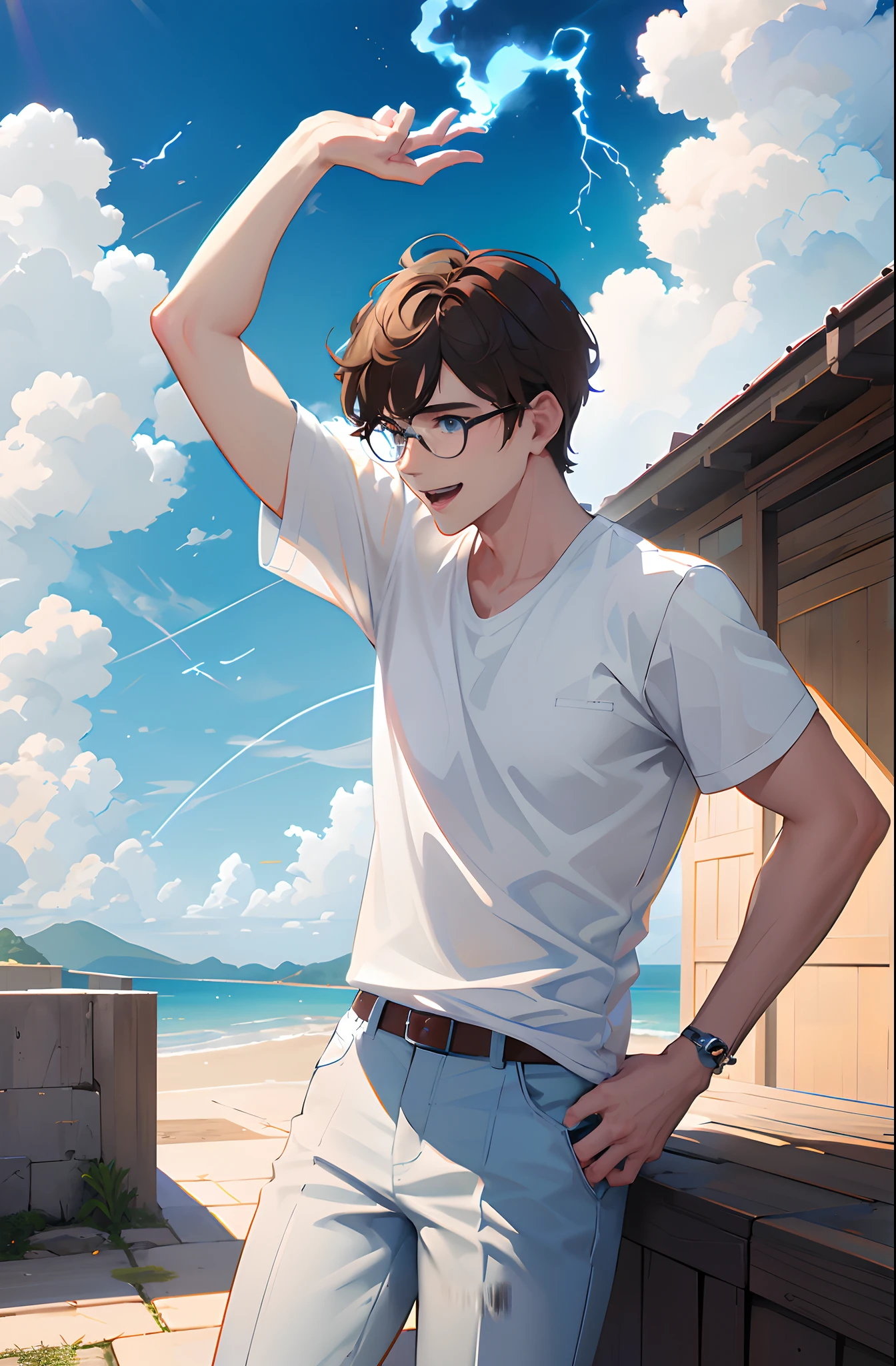 1 guy, freshly cut clean brown hair, blue eyes, wearing a casual pain white shirt, glasses, brown pants, who is tall, laughing, blue lightning, standing atop clouds absurdness, high res, ultrasharp, 8K, masterpiece absurdness, high res, ultrasharp, 8K, masterpiece