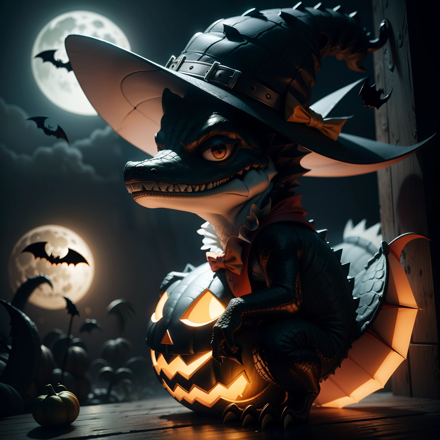 Crocodile wearing cute Halloween hat,Middle element,(master-piece,bestquality:1.2),Best Lights,best shadows,Show background, bat,full big moon, stylized 3d render