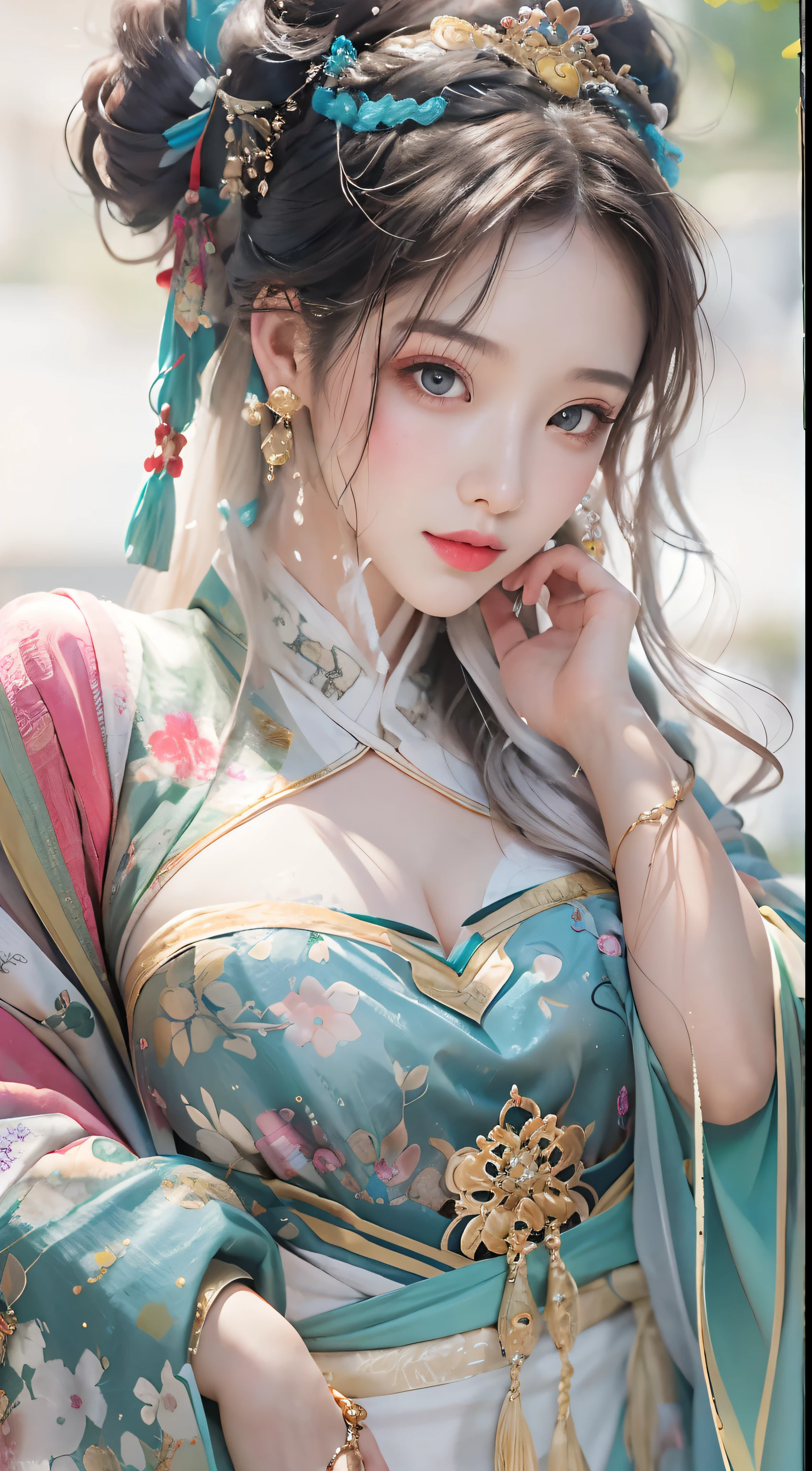 Photorealistic, high resolution, Colorful, colored splashing, Splash, 1 girl, Solo, Hips up, Beautiful eyes, Long hair, Medium breast, Intricate damask hanfu, Gorgeous accessories, Wearing pearl earrings