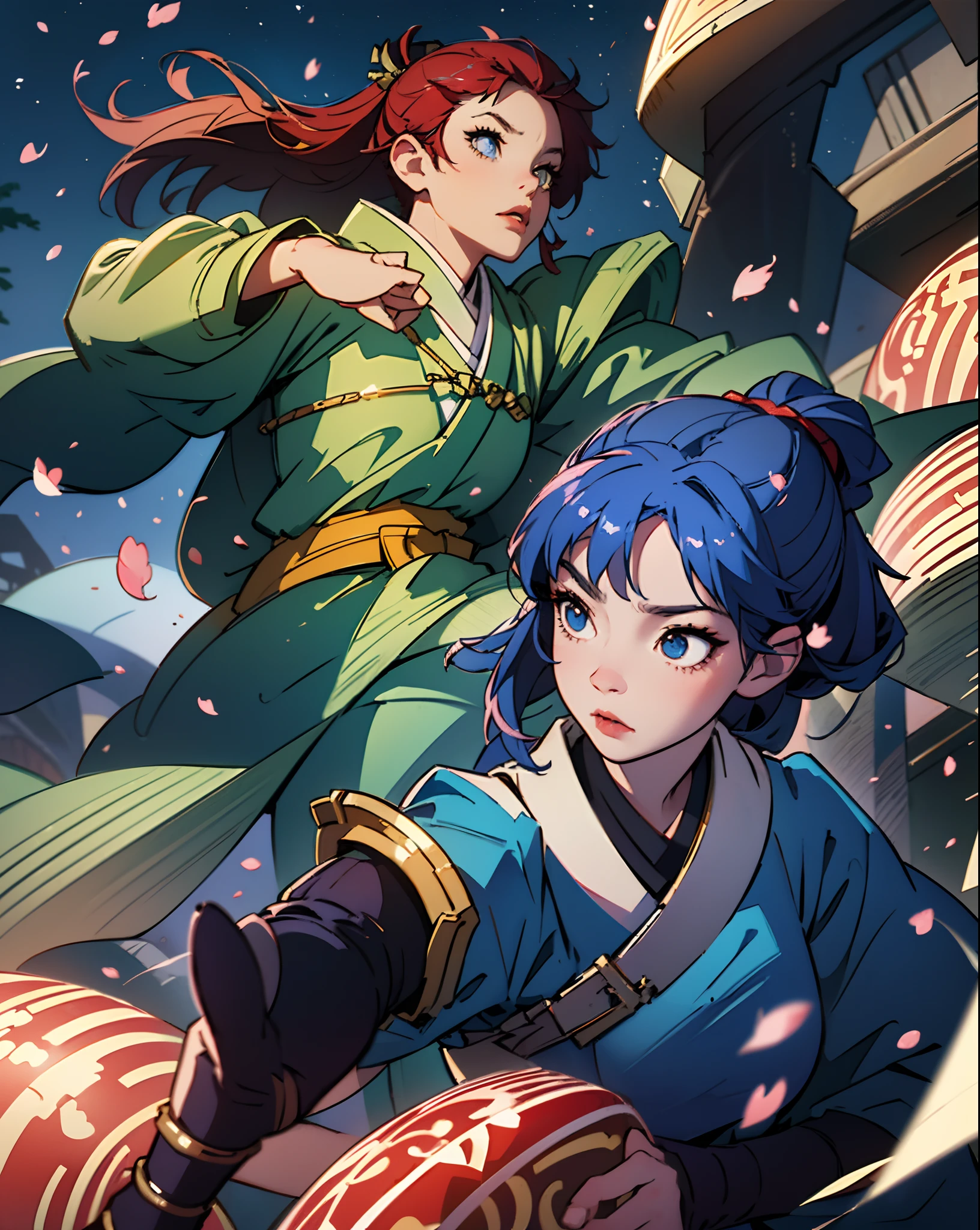 Ninja in blue costume,riding a yellow excavator,on a road at night with cherry trees around,illustration style,masterpiece:1.2,ultra-detailed,realistic,sharp focus,professional,vivid colors,bokeh,portrait,nighttime,dark lighting,moonlight,night sky,mysterious atmosphere,ancient Japanese art style,samurai elements,stealthy,fast-paced action,motion blur,metallic armor,dynamic pose,sword slashing through the air,dramatic shadows,falling sakura petals,flickering lanterns,authentic traditional architecture,lantern-lit path,peaceful yet dangerous ambiance --auto --s2