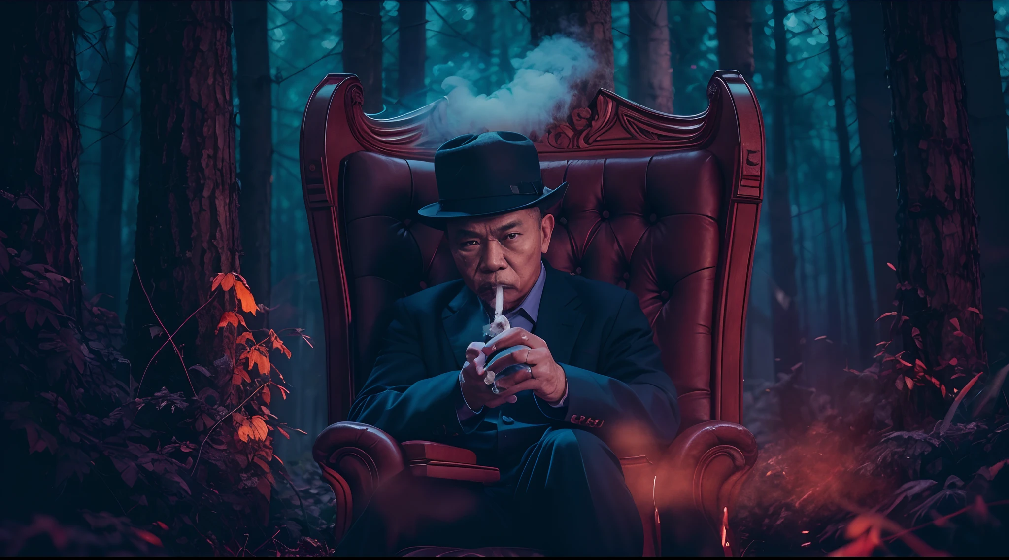 a malay man in torn dark blue office outfit seat in a throne while smoking big cigar, dark mood, dark forest, big red owl behind him, dark smoke below, creepy atmosphere, Prores lense, Low angle shot, blue color grading, cinemascope, natural light, Dynamic shadows, horror film, high quality, ultra detail, 8k, Panavision DXL2 camera,