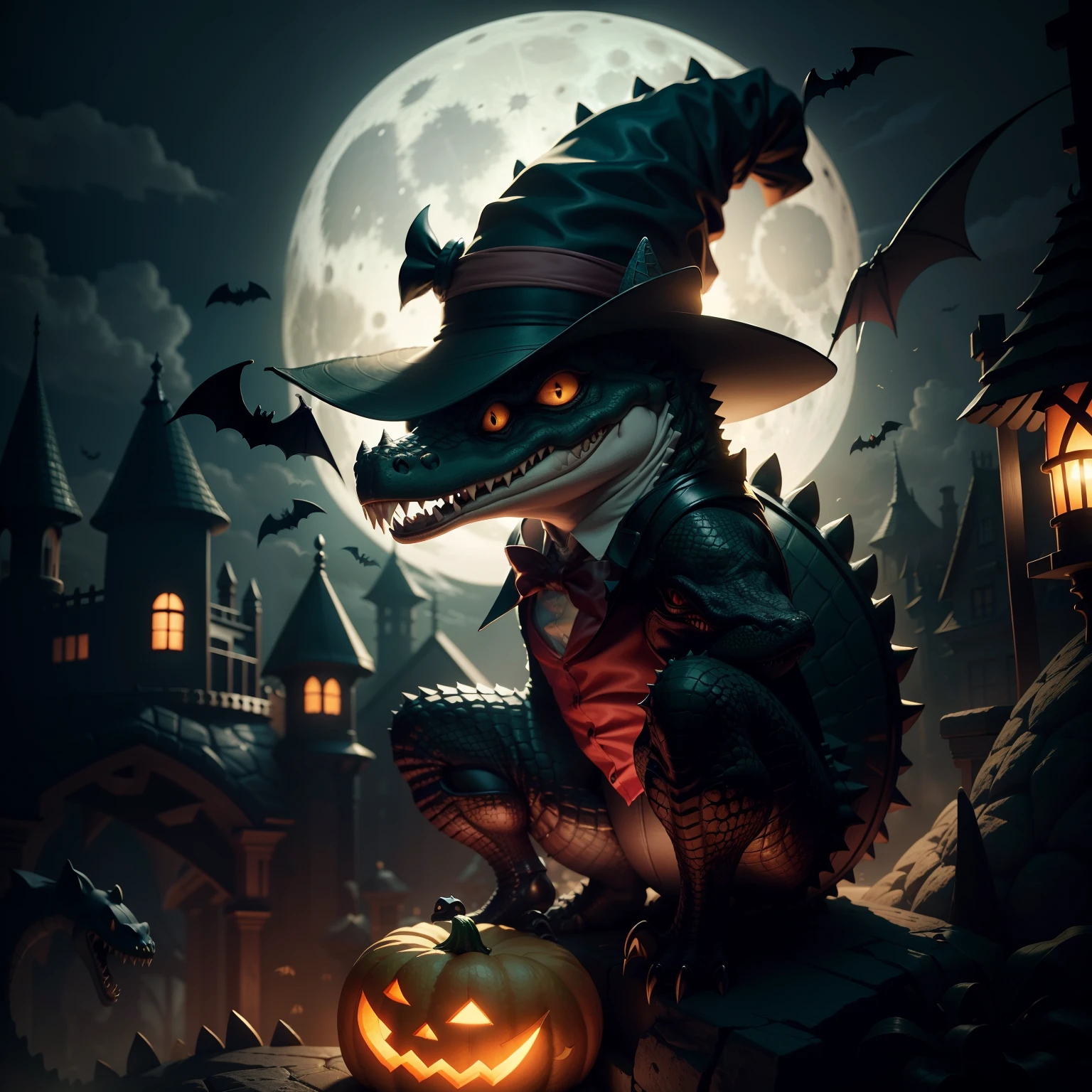 Crocodile wearing cute Halloween hat,Middle element,(master-piece,bestquality:1.2),Best Lights,best shadows,Show background, bat,full big moon, stylized 3d render