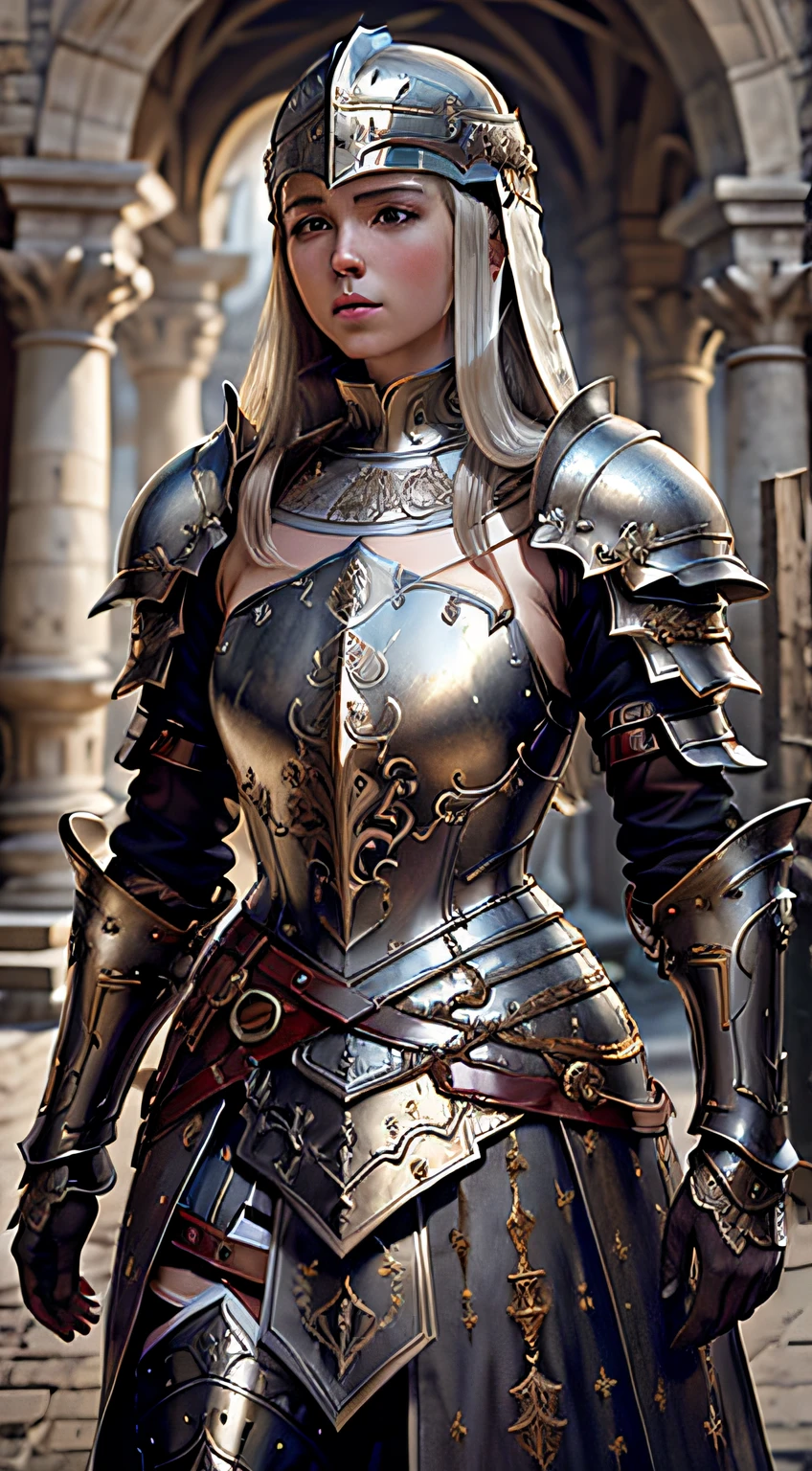 Masterpiece, Cinematographic landscape, Best quality, Baroque, Realstic, European woman, Belles courbes, White Roman medieval armor, Worn Armor, Haut du corps, Regarder le spectateur, champ ouvert, champ de bataille