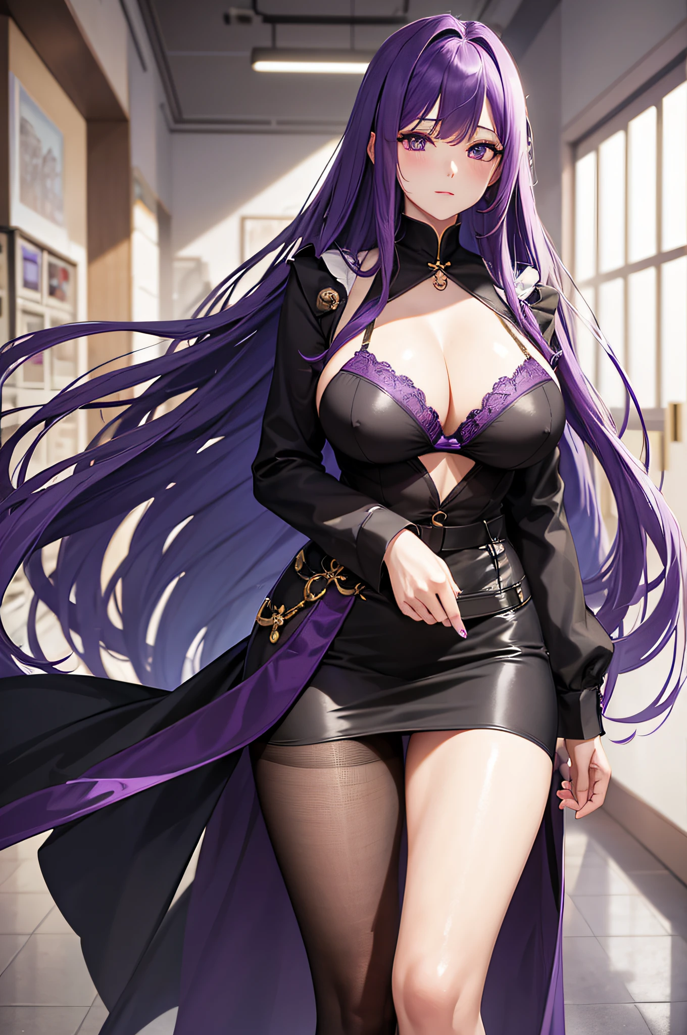 A woman with long purple hair，1个Giant Breast Girl，Bao，Black bra，brassier，nedium breasts，cleavage，耳Nipple Ring，high-heels，jewely，Large breasts，long whitr hair，looking at viewert，lacepantyhose，pencil skirts，Purple hair，The shirt，a skirt，独奏，underdressing，Very long hair