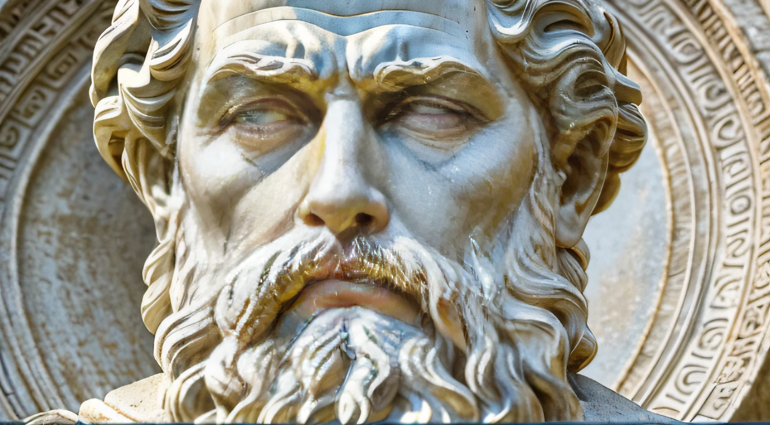 a close up of a statue of a man with a beard, stoic face, stoicism, cinematic bust portrait, godlike and stoic, artstyle of michelangelo, stoic and calm, stoic attitude, portrait zeus, stoic facial expression, stoic, classic sculpture, greco roman statue, classical sculpture, ancient greek statue, the eyes must also be a sculture
