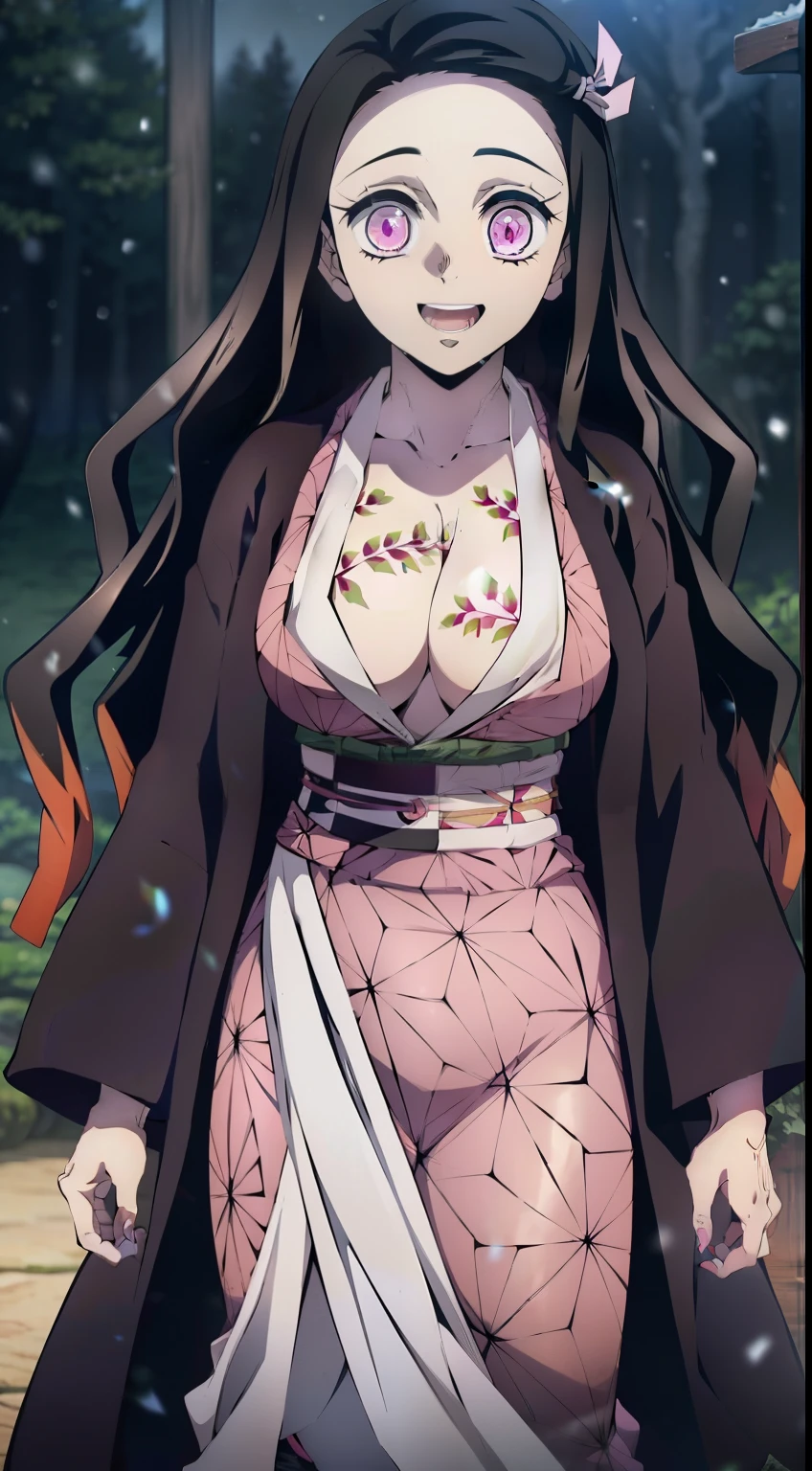 the night, Night Forest, snowing, night sky, a big moon, Swimming in the lake, against the background of the moon, Erotica, full-length photo, Panoramic view, half naked(Body Full 1.1), Sexy, Smiling, Nezuko Kamado's masterpiece, ssmile, joying, Long black hair with orange tips, Ribbon Hair, (pink eyes: 1.5) Bright, Wavy Hair, two tone hair, professional photo of a, haori, Japanese outfit, Sexy kimono, long sleeves, pink kimono, band, long sleeves, Perfect Curved Body, Tattooed body with leaves, permeating Her body, Lovely Medium Breasts, Her breasts are sticking out from under her clothes, BREAK (Master Part: 1.2), Best Quality, High Resolution, photorealestic, photogenic, Unity 8k壁纸, (illustartion: 0.8), (Beautiful detailed pink eyes: 1.6), extremely detailed face, perfect lighting, extremely detailed CGI , (perfect arms, perfect anatomy), 18 year old girl with perfect breasts, beatiful face, master study, intricate details, Detalhes realistas, the anime, (По мотивам Demon Slayer Kimetsu no Yaiba Nezuko Kamado) the perfect body, Perfect Pointed Breasts, The Perfect Girl, perfect details, Ultra HD |, 8K, Professional photo, Kimetsu no Yaiba Sexy Nezuko Kamado shows off her sexy body with a leaf tattoo, Joyful expression on his face,