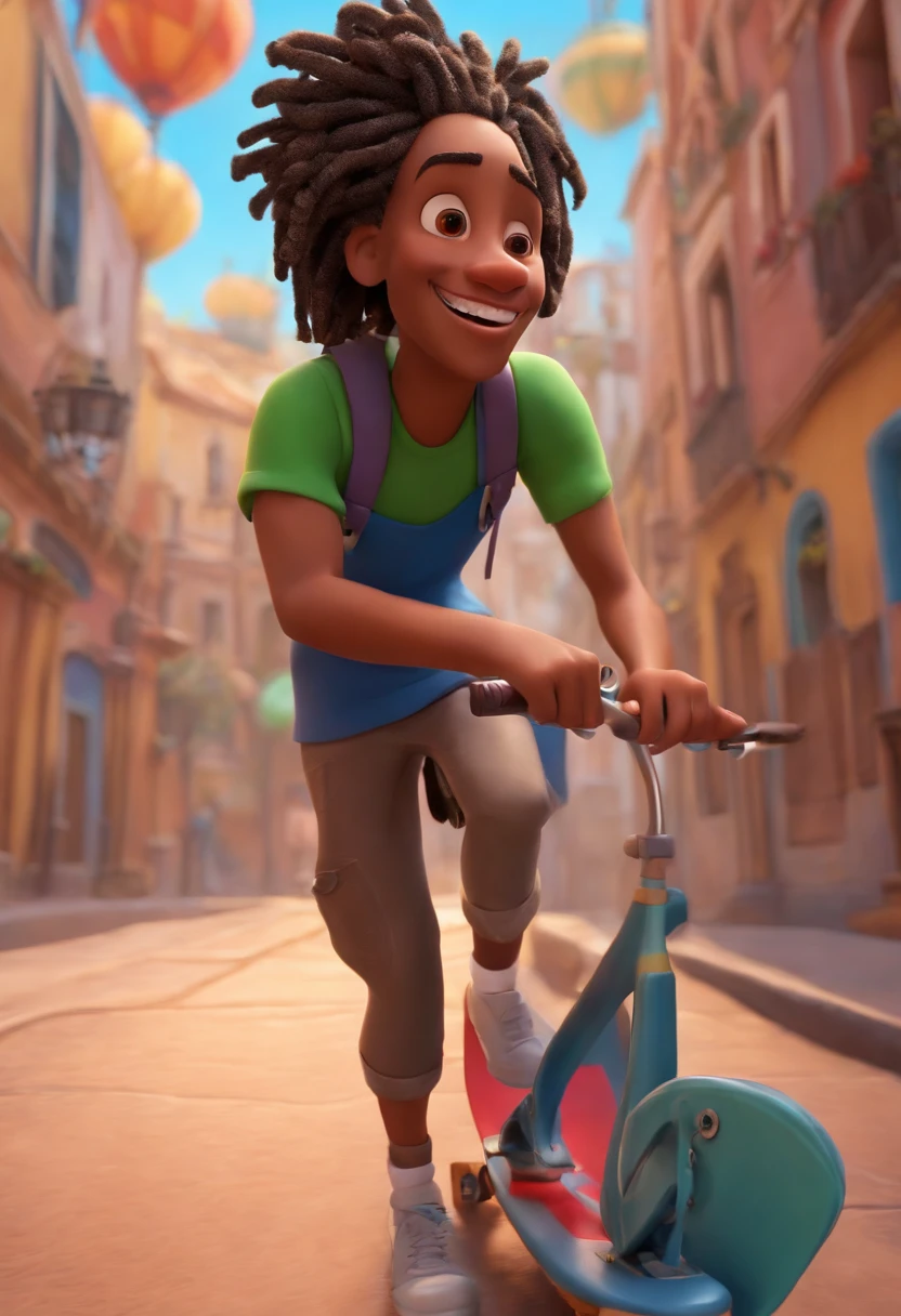 Make a man, 28 years old with short dreadlocks she's happy, como Disney Cartoon, com seu skate, Pixar, ....3d, Disney