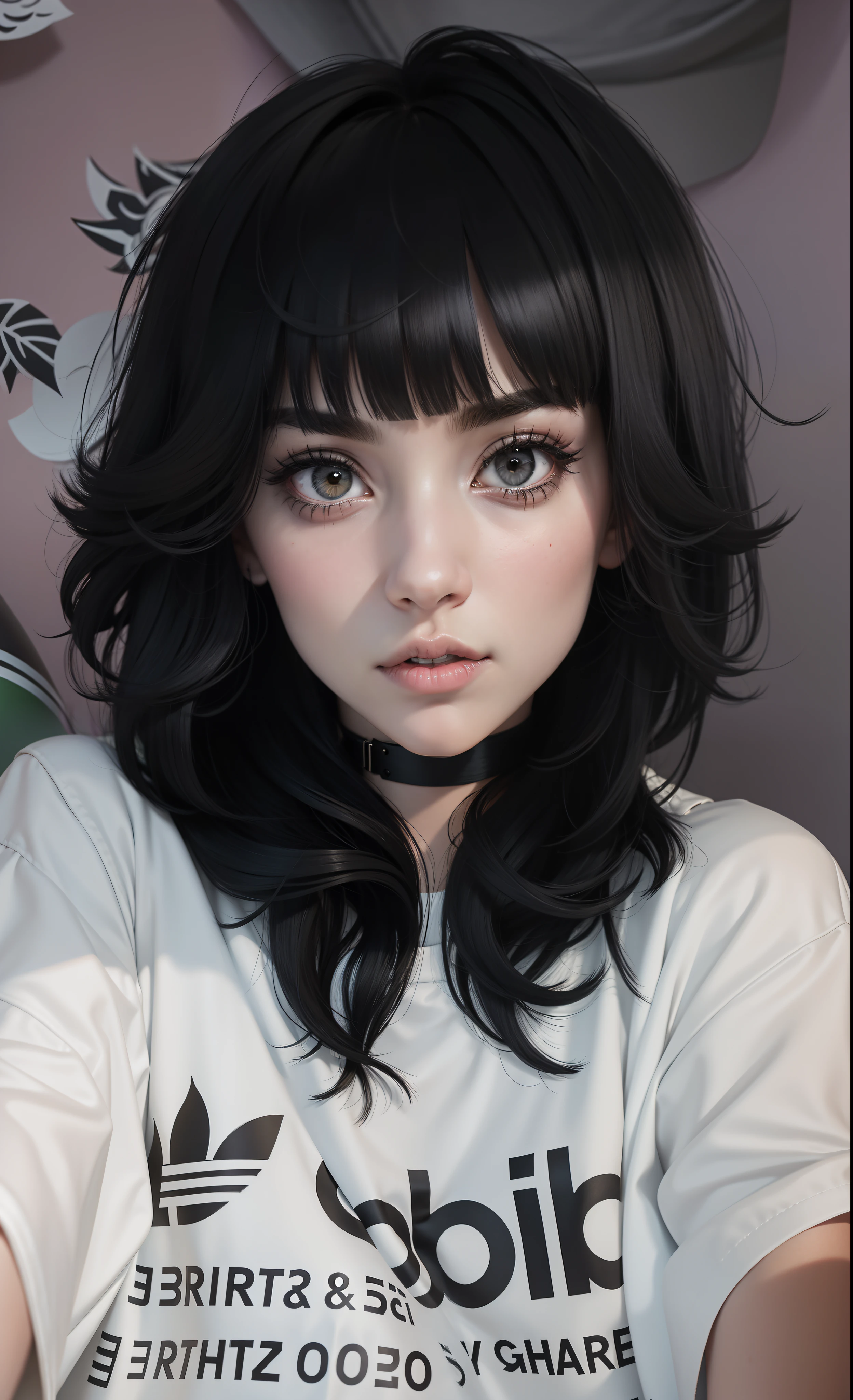 arafed woman with black hair and a white shirt, cruel goth girl, black hair and white bangs, she has black hair with bangs, black wavy hair with bangs, with full bangs, hair blackbangs hair, with bangs, black bangs, 1 7 -  - old h girl