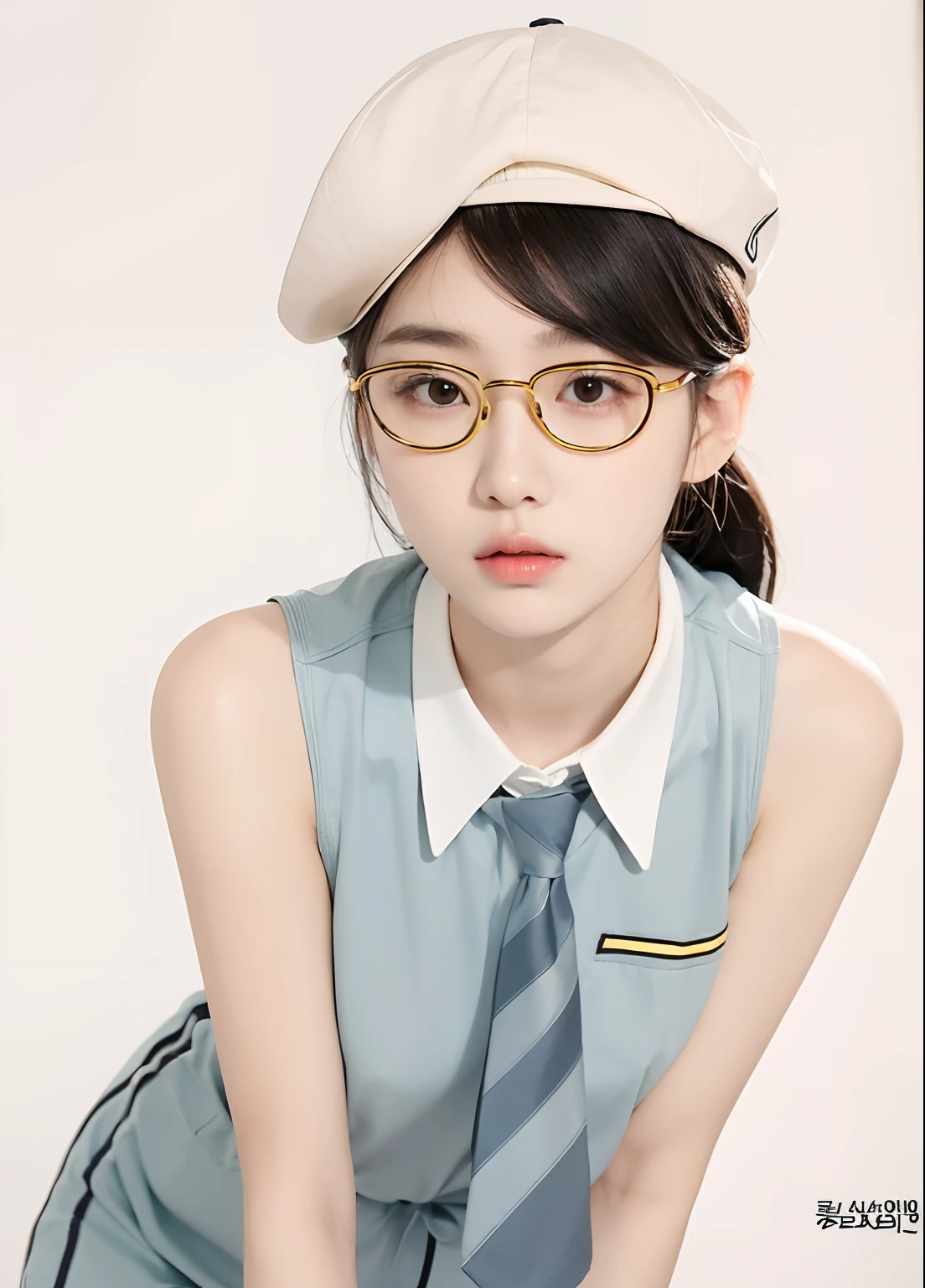 adaptation of this character's life, Realistic yellow glasses,Korean ager's beautiful face, cool expression, equally realistic hair, (same realistic clothes),Exactly the same hat, exactly the same tie, realistic background, hyper realistic, realistic light,Realistic shadows, realism