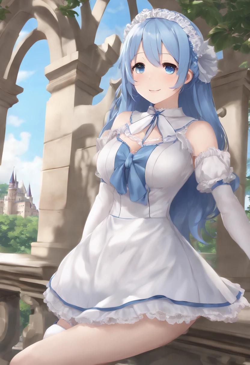 (best quality,4k,highres,masterpiece:1.2),ultra-detailed,(realistic:1.37),blue hair,short hair,covered eyes,re:zero,smiling,blushing,scornful,castle,(anime girl,beautiful anime high school girl),skirt,medium-sized breasts,slim legs,white knee-high socks,maid outfit,elegant,anime!4k,lolita in a dress,official artwork