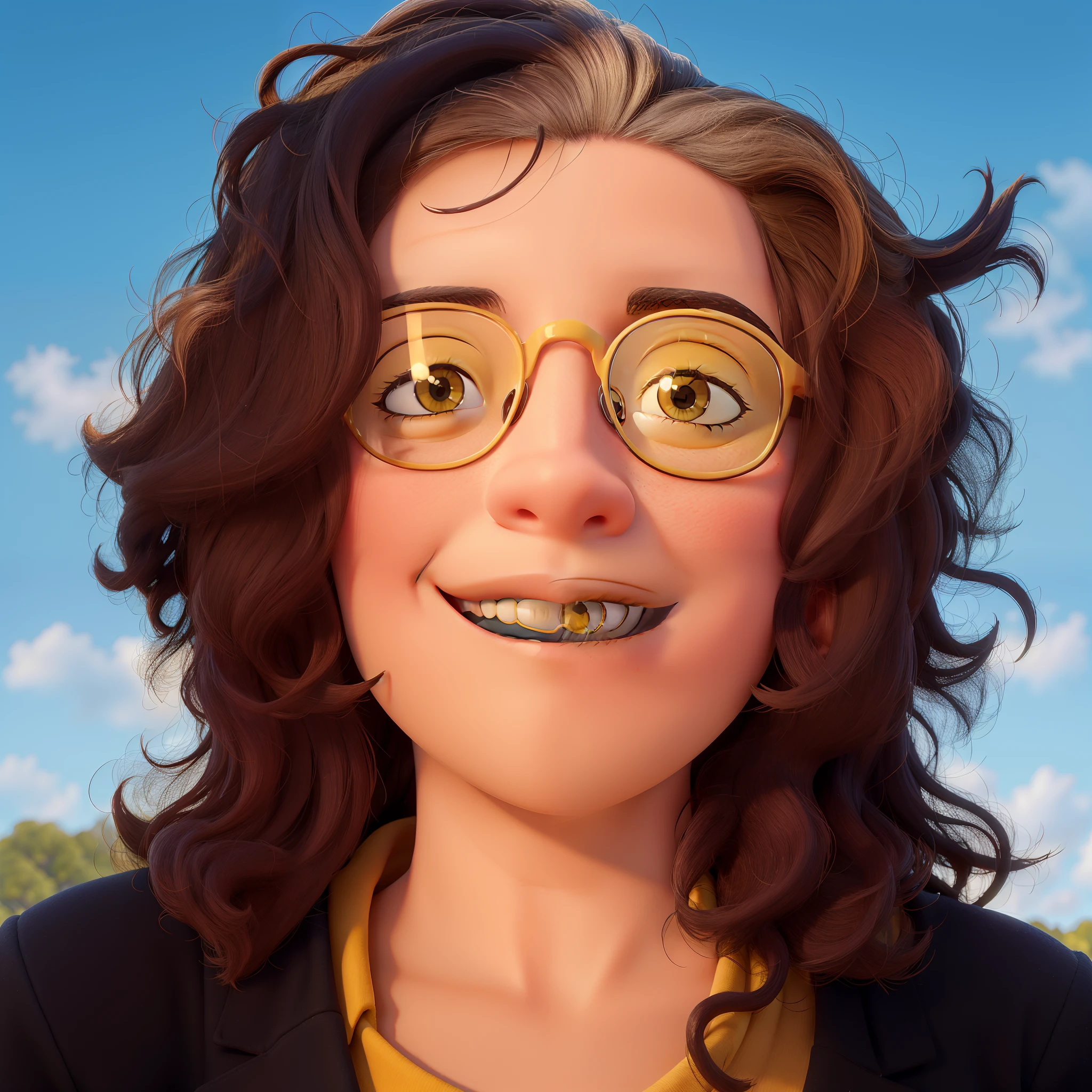 Portrait of woman with yellow glasses and blue sky background