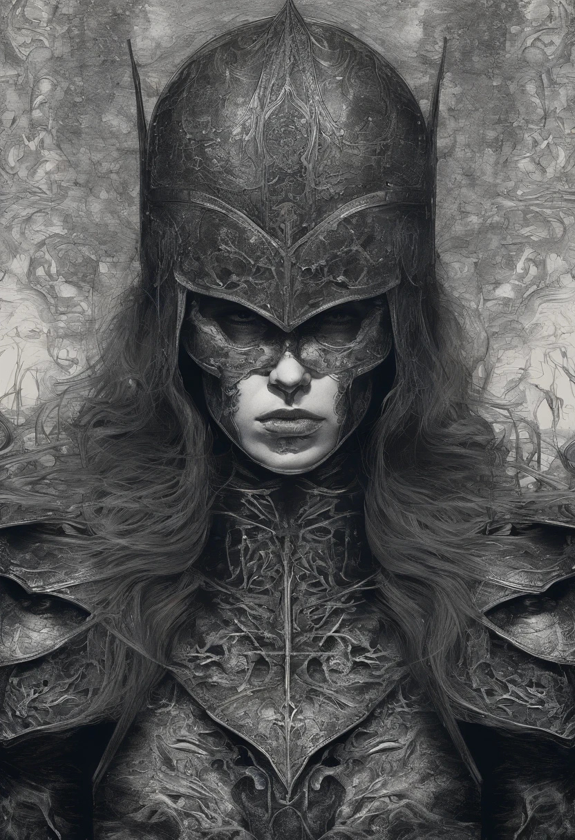 Illustration based on the referenced medieval fantasy knight, macho com um capacete de metal prateado, com o rosto de uma bela mulher, On the sides of the helmet there are waves that represent wavy hair. capacete fechado.