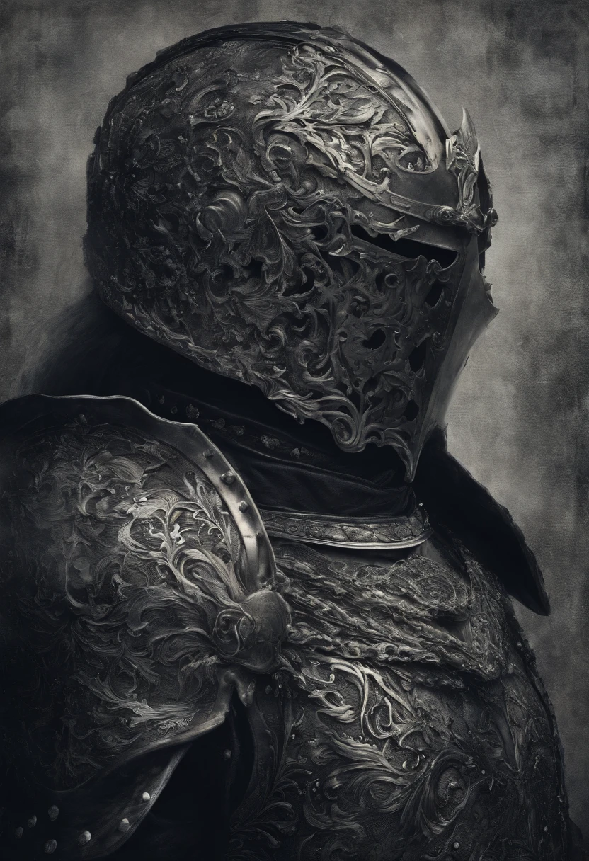 Illustration based on the referenced medieval fantasy knight, macho com um capacete de metal prateado, com o rosto de uma bela mulher, On the sides of the helmet there are waves that represent wavy hair. capacete fechado.