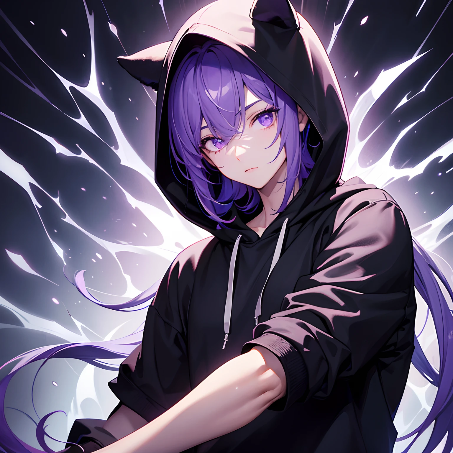 masterpiece, best quality, high quality, 1boy, solo, male focus, looking at viewer, upper body, hair_over_one_eye, scar, (purple eyes, glowing eyes, glow eyes), mangastyle, realistic beautiful eyes, dynamic poses, dynamic pose, long hair, femboy, hoodie