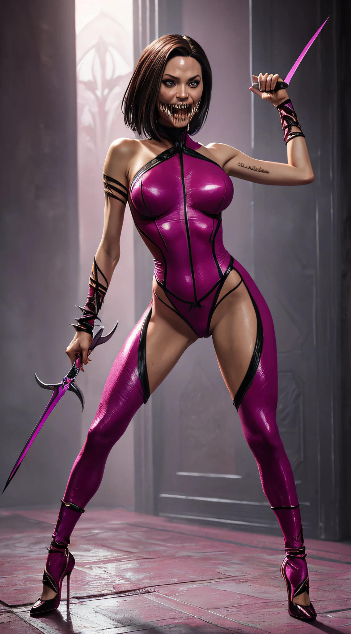 actress Angelina Jolie as Mileena from Mortal Kombat, holding pair of sai blades, angry, ((sharp, carnivorous extra teeth)), pink tight-fitting bodysuit, pink stockings, high heels, ((short hair)), intricate, high detail, sharp focus, dramatic, photorealistic painting art by greg rutkowski
