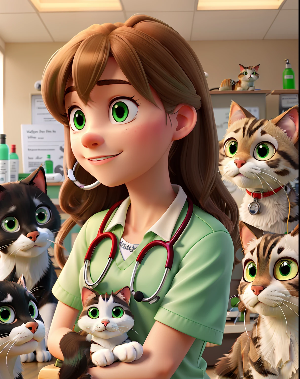 Long haired woman light brown green eyes janeco White stethoscope on neck in a veterinary clinic with 5dogs and 1 black and white cat