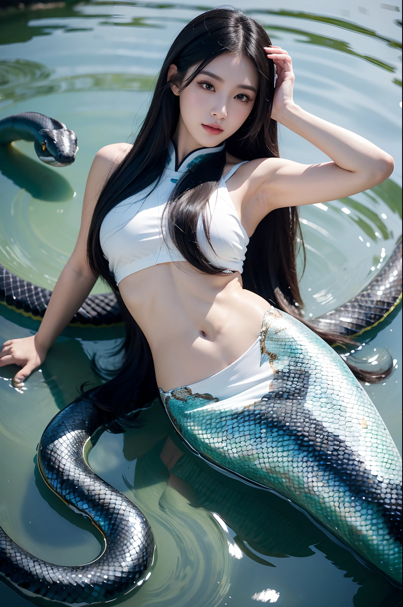 ultra-realistic image, white colors, high-definition image, mito, dynamicposes, Chinese woman, Human, Long black hair, (mermaid), (Snake tail), Scale texture, Bright lighting, The image is clear, Meticulous details, Chinese painting style, shui mo hua, Thangka style, Aesthetics, Beautiful image, Depth of field, Focus on the canvas