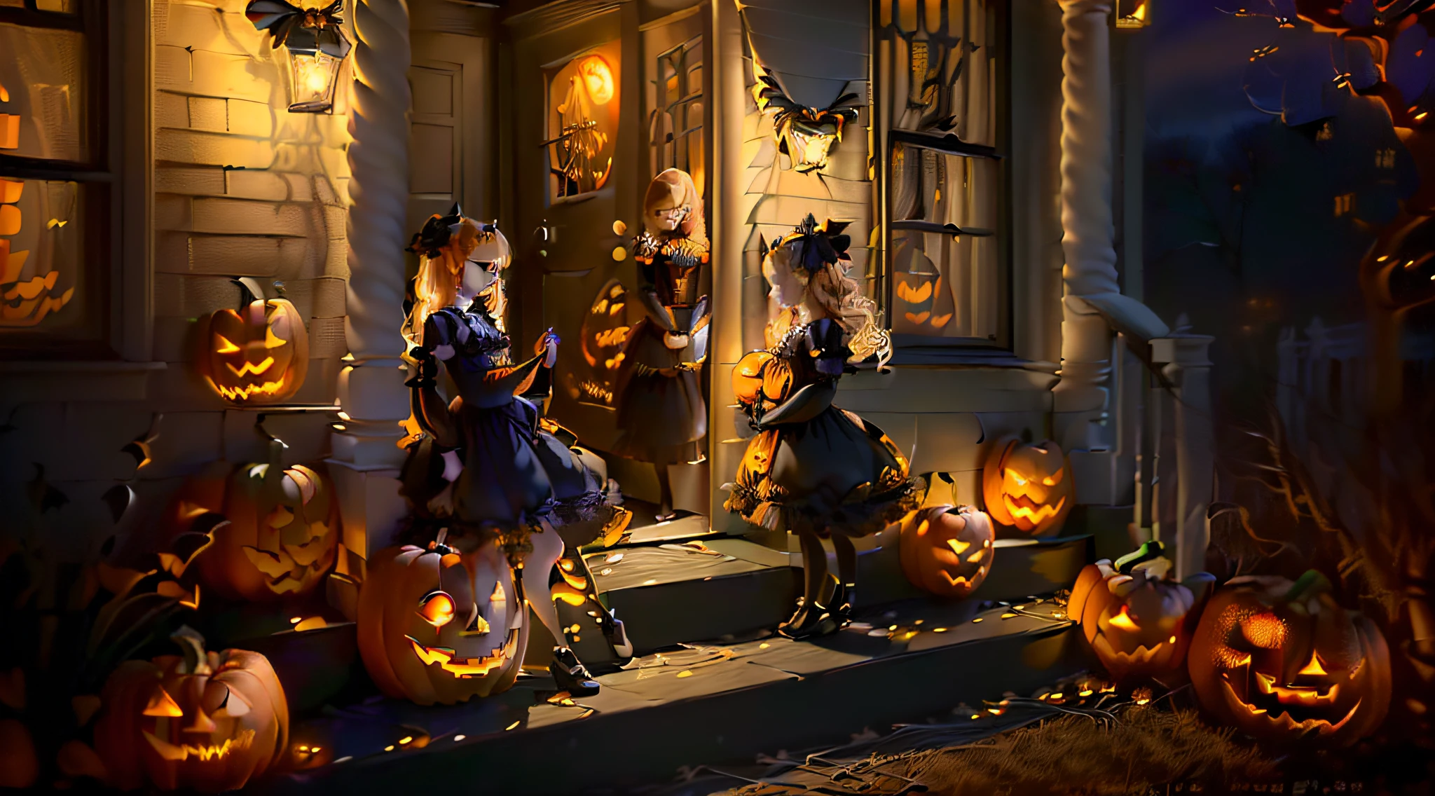 (((Masterpiece))), (((Girl on the porch)),  ((Halloween dress)),((Ultra-detailed)), (Highly detailed photorealistic drawings), ((An extremely delicate and beautiful)),(cute delicate face),Cinematic light,((Halloween dress up girls)),(Night scene),(Halloween decoration),(Warm light scenes),(Character focus),(Hyper Real),Realistic picture class