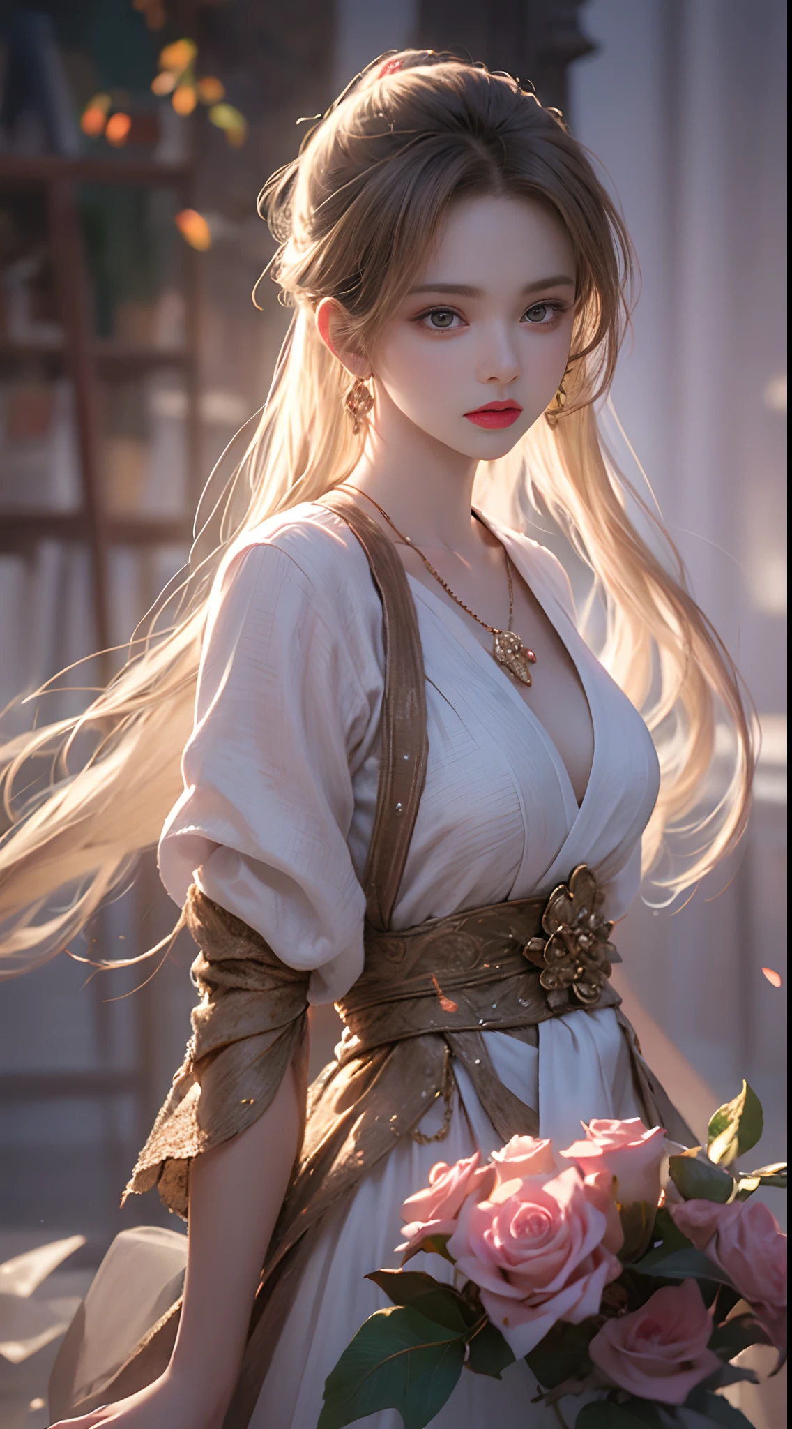 1 beautiful girl in Han costume, white thin purple silk shirt with a lot of texture, white lace top, long purple platinum ponytail, Hair Jewelry, ear jewelry, necklaces and necklaces, carefully drawn big purple eyes, makeup careful, thin eyebrows, high nose, beautiful red lips, no smile, pursed lips, rosy cheeks, wide breasts, big breasts, proportional breasts, slim waist, purple fishnet socks, chinese hanfu style, fictional art texture, colorful bright and realistic, RAW Photo, Realistic Photo, ultra high quality 8k surreal photo, (effective fantasy light effect: 1.8), 10x pixels, magical effect (Background): 1.8), ultradetailed eyes, full body portrait of girl , Chinese royal background