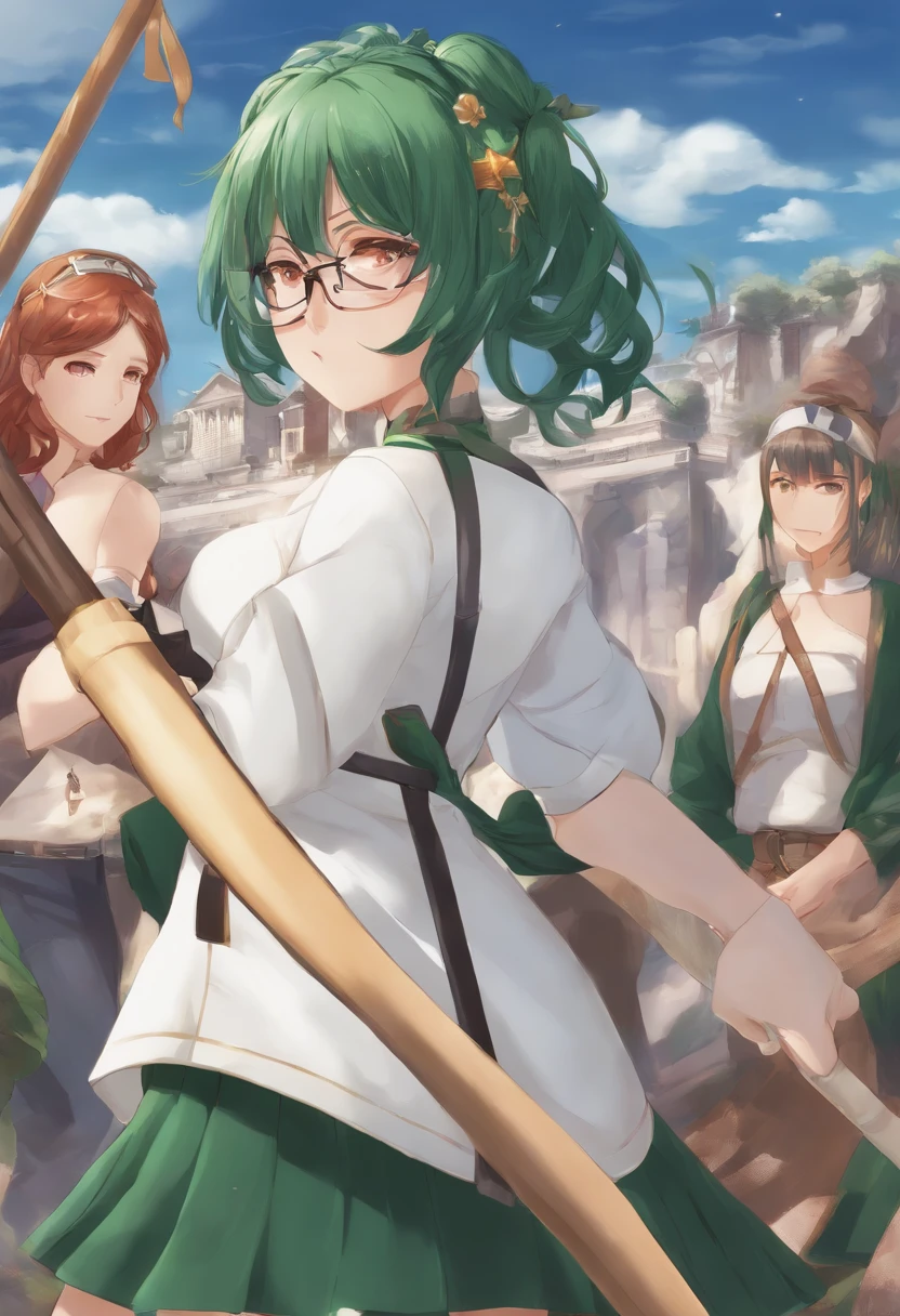 Anime girl with green hair and glasses holding a stick, Misato Katsuragi, Hinata Hyuga, Fubuki, Kazuto Okada。, As an anime character, Mai Yoneyama, Yuka Kazami, a female anime character, shiro takatani, tsukasa dokite, Kotegawa Yui, koyoharu gotouge