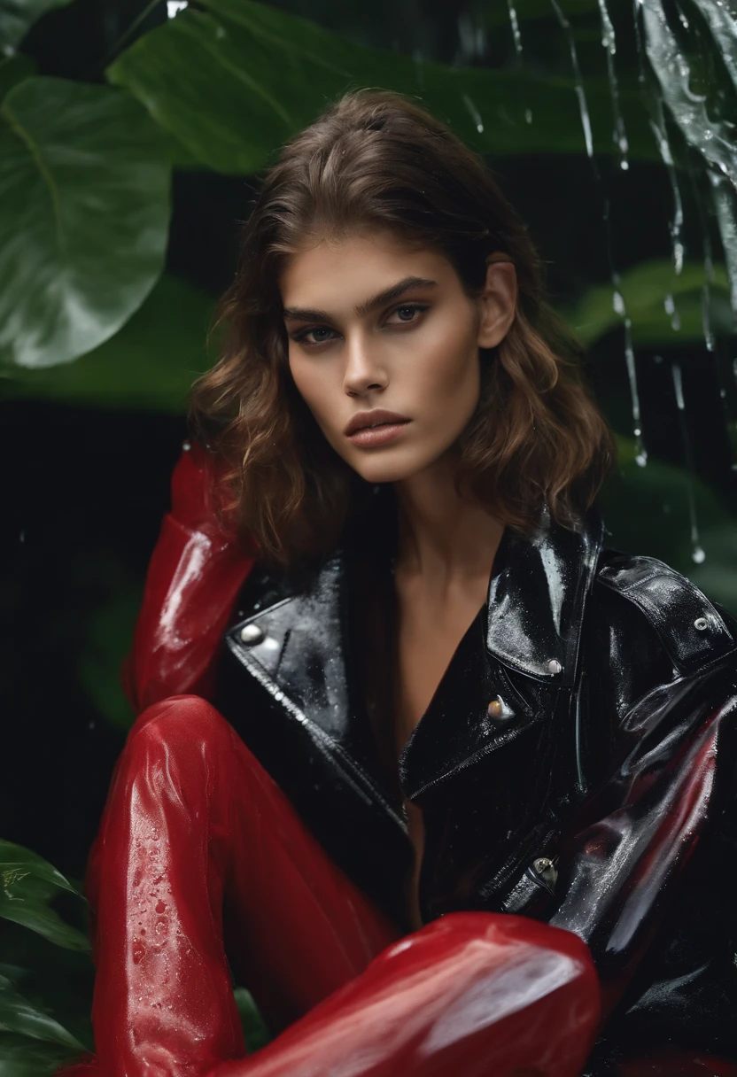 Asian top model Kaia Gerber in the rain of Tim Walker shoots biker for balenciaga in see-through outfit , Casal de rua, nu , corpo sexy , Fumar cigarros com uma arma , seios nus
