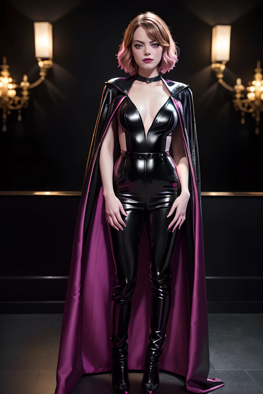 (best quality,4k,8k,highres,masterpiece:1.2),ultra-detailed,realistic,Emma Stone,full-body,in a nightclub,depicting the character Cruella,shiny black clothes,pink lipstick,purple eyeshadows on the eyelids,long black shiny jumpsuit,black cape