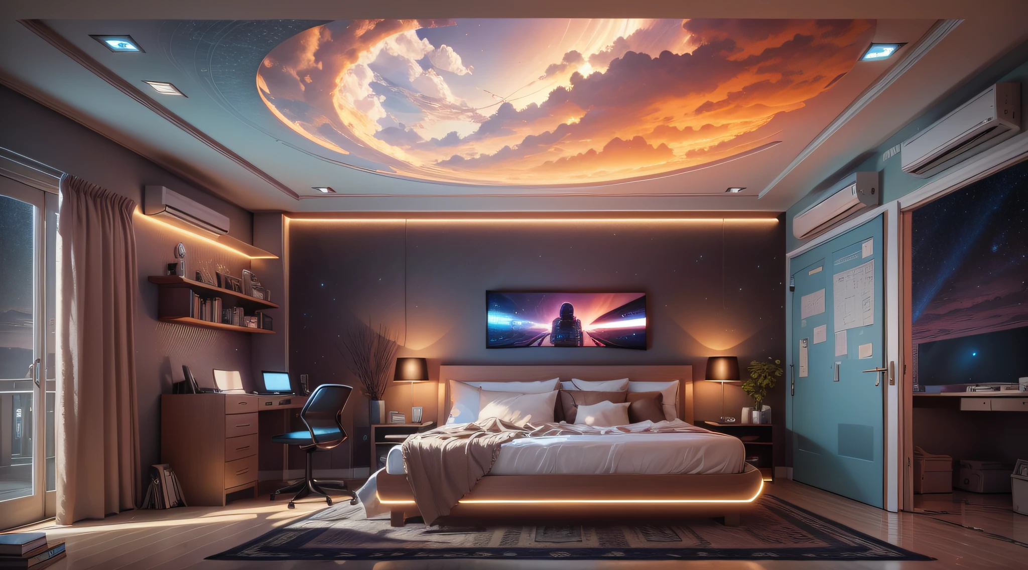 A giant spaceship outside the bedroom window，（tmasterpiece），（Most Best Illustration），（Computer bedroom），starryskybackground，TV with mainframe computer，Ring lighting，edge lit，（Very detailed CG unity 8K wallpaper），（tmasterpiece），（best qualtiy），（Cinematic style），（ultra - detailed），（Super spaceship），（Best shadow），Perfect litthing，perfect anatomia，vivd colour，