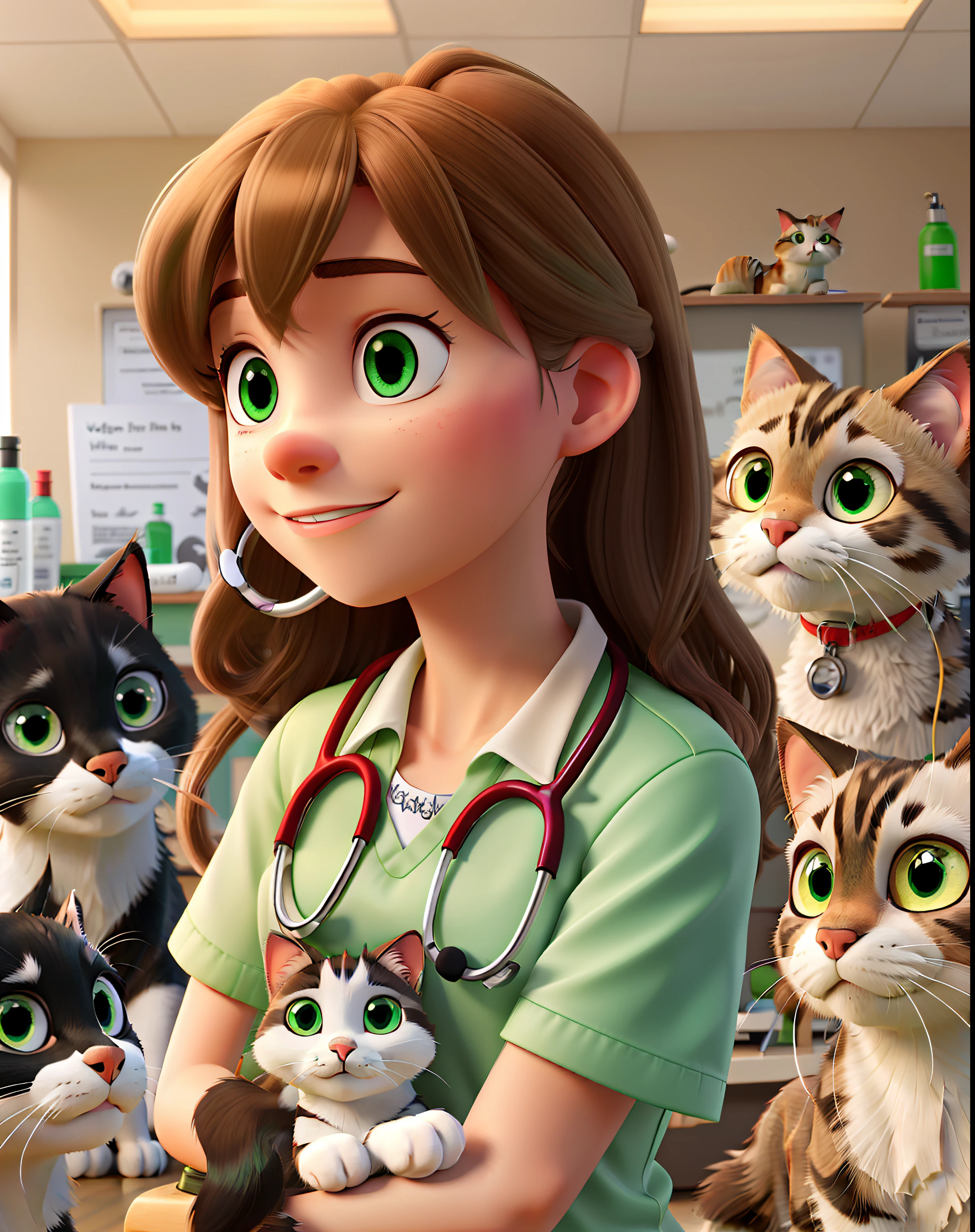 Long haired woman light brown green eyes janeco White stethoscope on neck in a veterinary clinic with 5dogs and 1 black and white cat