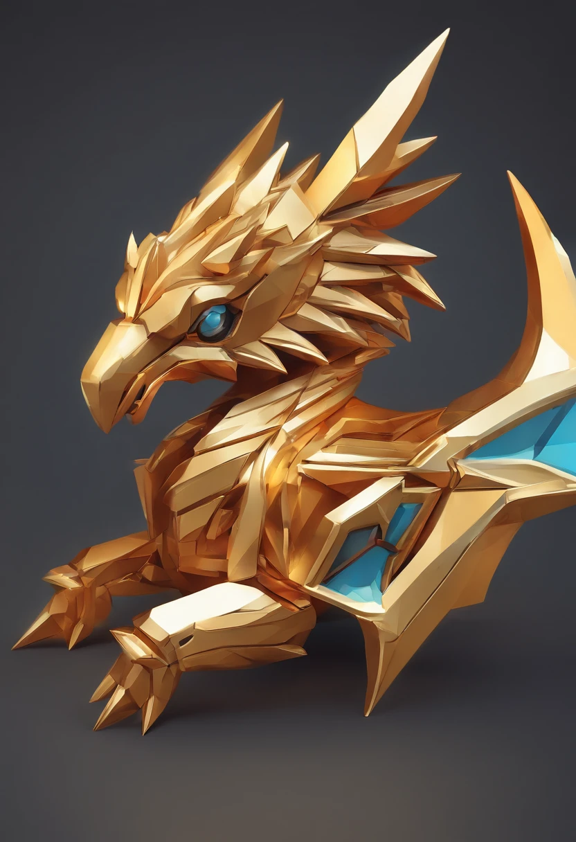 Close-up game medallion with metal crane with crown，dragon，Hearthstone Art Style, Hearthstone art, hearthstone concept art, Concept art of Riot, league of legends style, iconic character splash art, Корона League of Legends，Game icon，Surrounding Metal Feathers，Orange Gold，C4D rendering，Fewer details，Less Detail