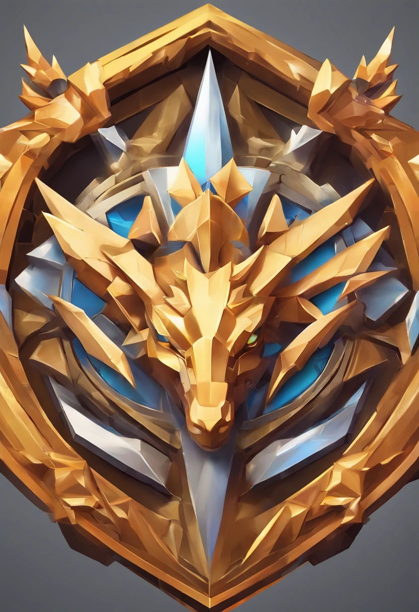 Close-up game medallion with metal crane with crown，dragon，Hearthstone Art Style, Hearthstone art, hearthstone concept art, Concept art of Riot, league of legends style, iconic character splash art, Корона League of Legends，Game icon，Surrounding Metal Feathers，Orange Gold，C4D rendering，Fewer details，Less Detail