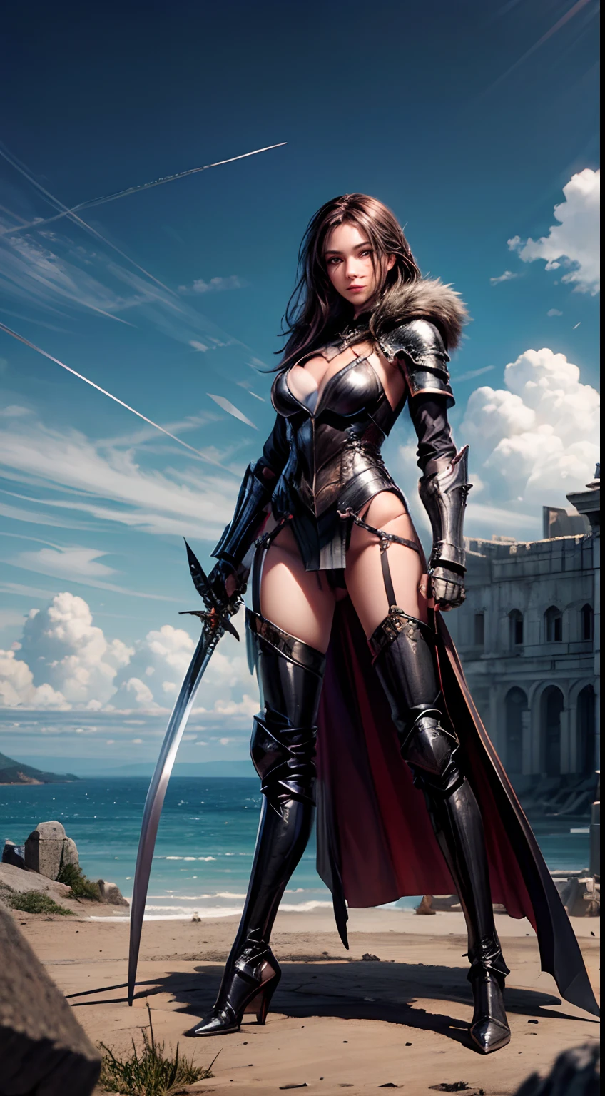 Pretty women, 20yr old,Solo,Russian,Black Armor,high heels boots,Full body portrait,Female Warrior,Slender body,holding swords,robe,Manteau,Perfect face and nice perfect face, Smile,Surreal concept, 8K resolution, photographic quality, ruins, Photorealistic,A detailed eye,(Diagonal angle),
