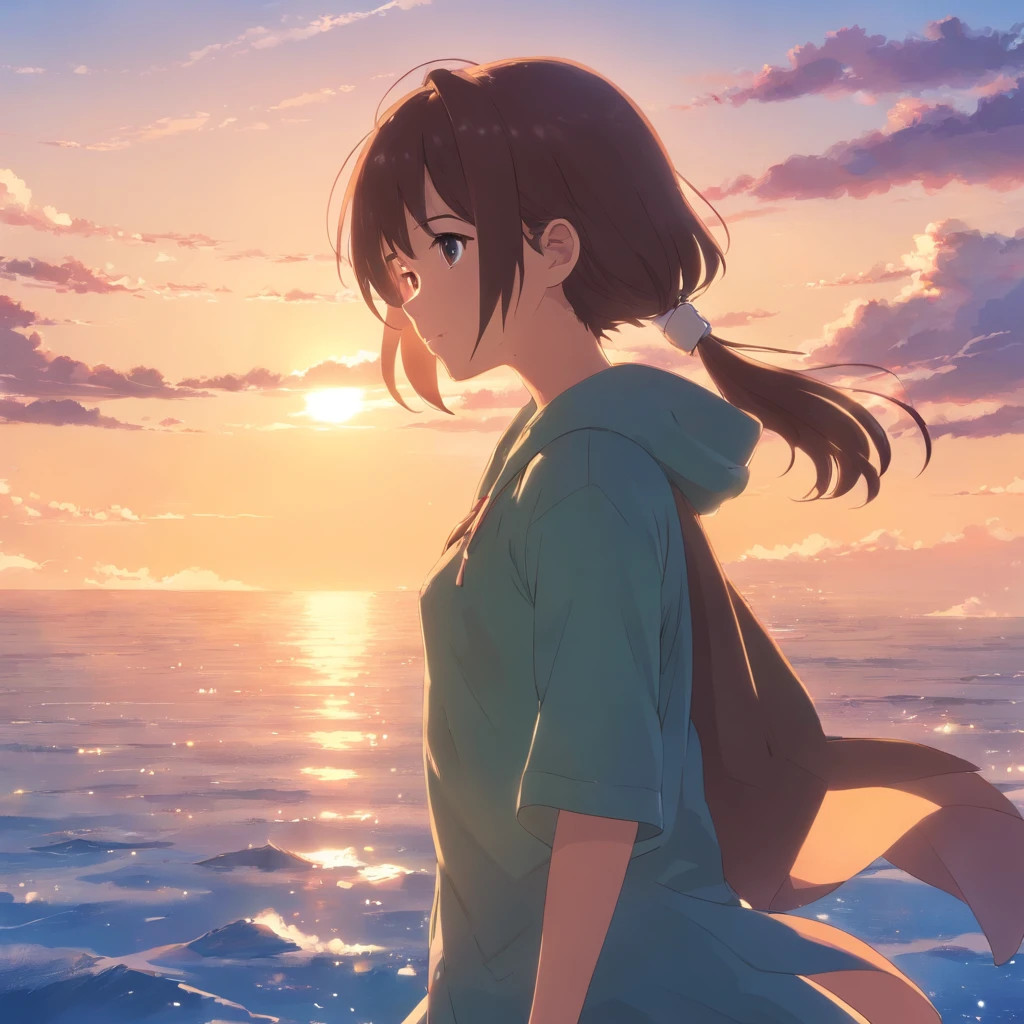 tmasterpiece,best qualtiy,cinematic Film still from,1girl,girl,Cold,closeup cleavage,brightly,dual horsetail,,Warm and soft lighting,the sunset,(spark of light:0.7)