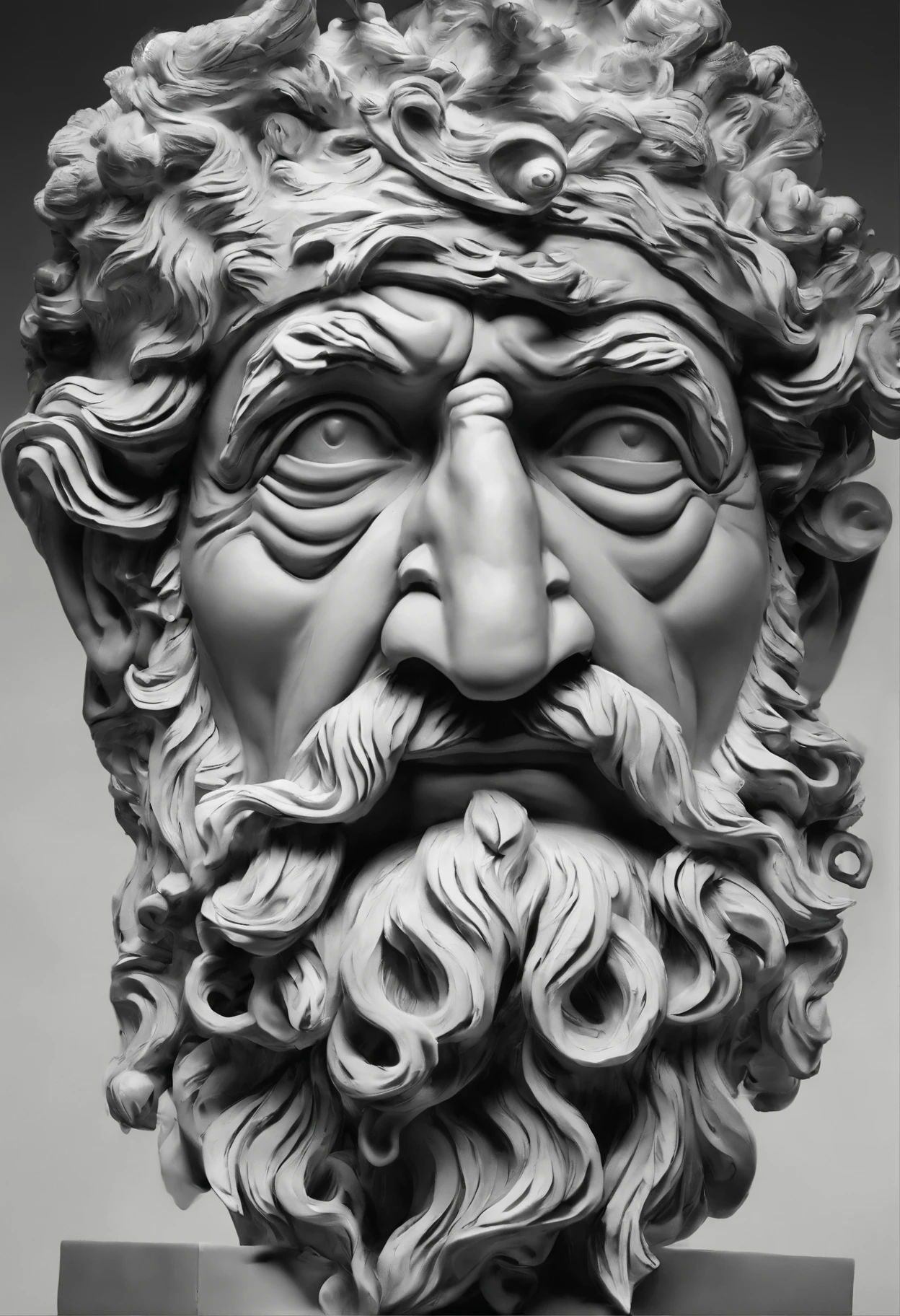 sculpture, ceramics, greek, stoic, gods, old man, angry face, black background, black and white,ultra realistic 8K, UHD, HD