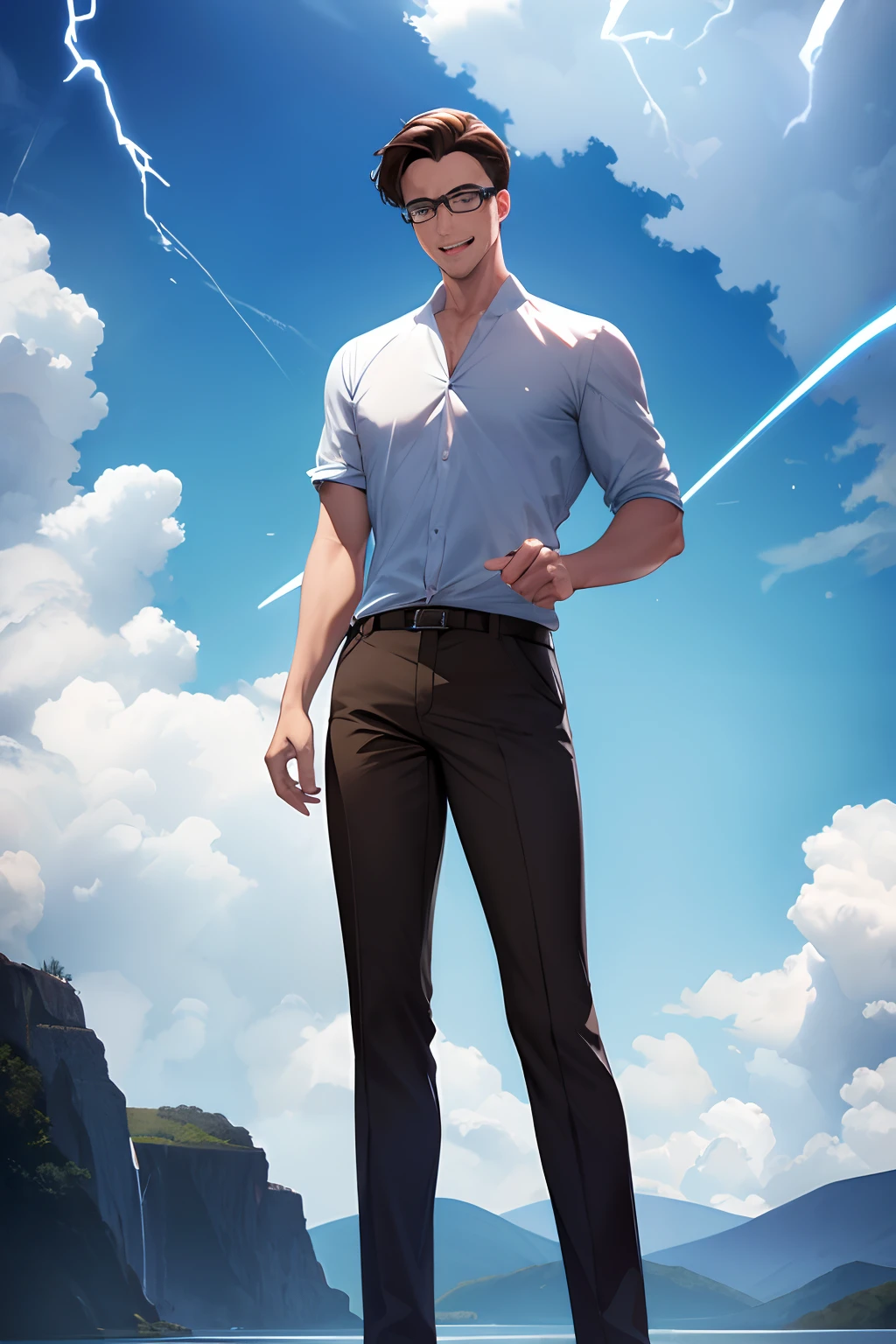 1 guy, freshly cut clean brown hair, blue eyes, wearing a casual pain white shirt, glasses, brown pants, who is tall, laughing, blue lightning, standing atop clouds absurdness, high res, ultrasharp, 8K, masterpiece absurdness, high res, ultrasharp, 8K, masterpiece