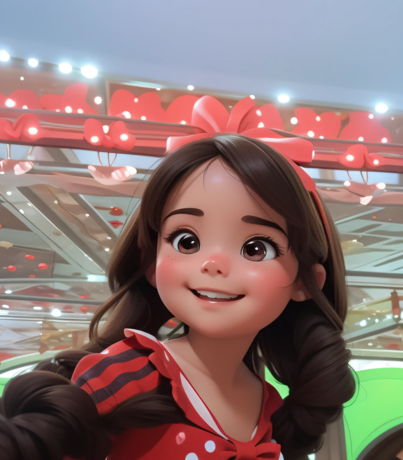 [(An adorable smiling brunette girl :1.2)(Small and cuddly baby)(pele clara)(Feliz)][(vestindo fantasia inspirada no 'Minnie') , childrens illustration , fundo limpo], wearing a little red dress with white polka dots and a bow in her hair, corpo inteiro, usando um sapatinho preto