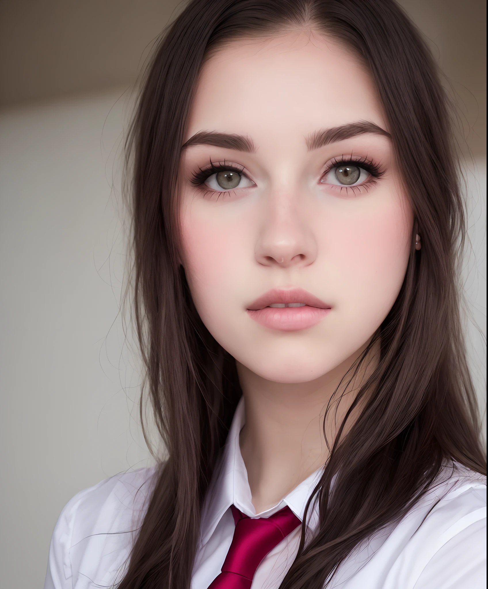 solo, 8K quality, school outfit, cleavage, mysterious girl, pale skin, red blush, straight hair, black hair, white collar shirt with tie, over face, full lips,