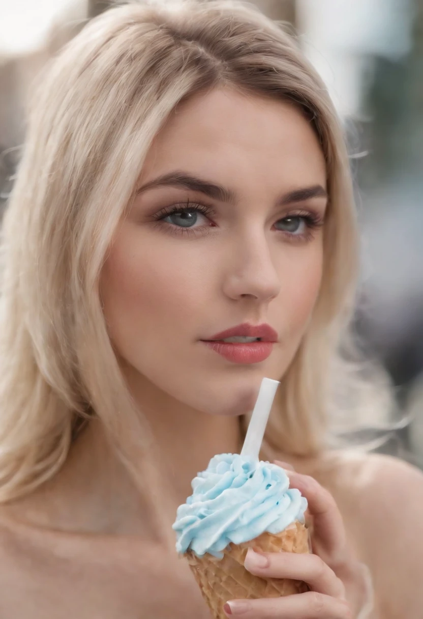 Un primer plano de una mujer sosteniendo un cono de helado, sweet girl, Mujer con cabello plateado ondulado, flequillo, Ojos azul claro, labios rojos, tierna, cuerpo desnudo pechos grandes ,