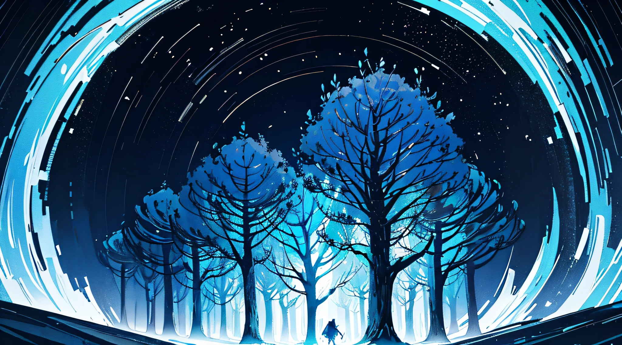 fondo de pantalla, 4k, arbol en la oscuridad iluminado con luces azules,The best quality, Ultra detallado, pincel, divino