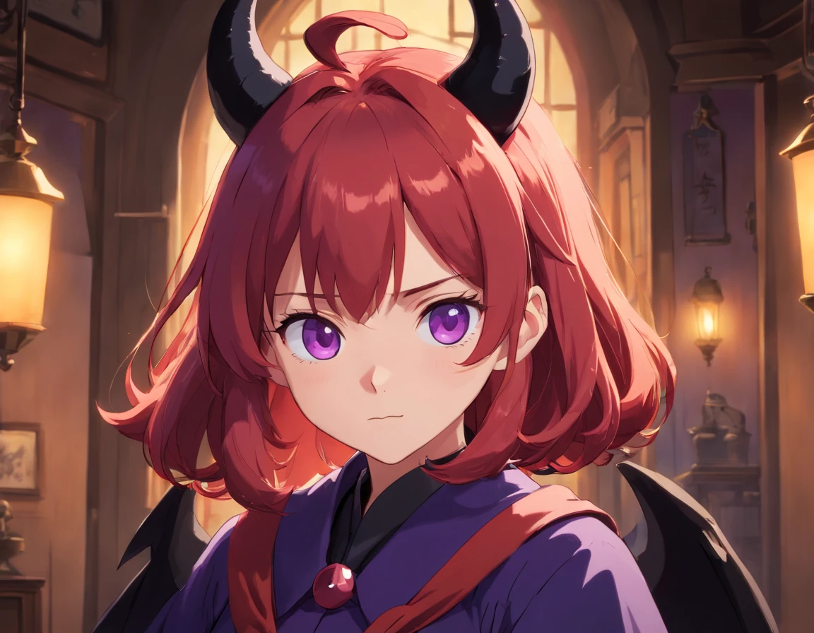 4K, 8K, Masterpiece, Best quality, Upper body, 1girll, view the viewer, Red hair, Medium hair, Purple eyes, devil horns, Black coat, Indoors, Dimly lit, The actress's age is 23, Open your bust