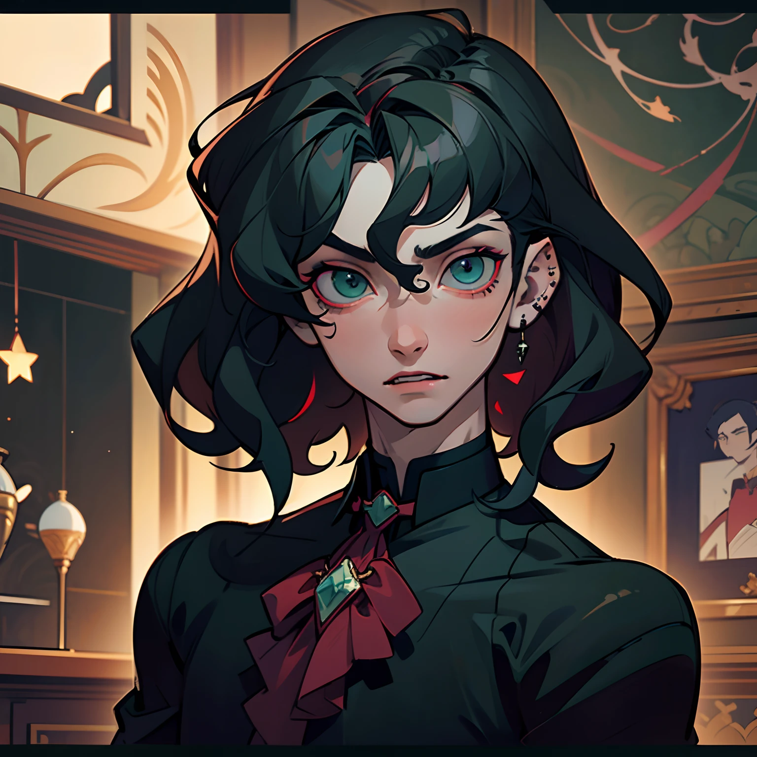 (masterpiece, best quality), intricate details, 8k, sharp focus, (best quality) (detailed skin:1.3) (intricate details) (8k) (detailed eyes) (anime) male character, wavy hair, mullet, short hair, black hair, green eyes, male, anime boy, frontage, lovely boy, perfect face, detailed eyes, bold background, detailed accessories, unique outfit, sharp eyes, male, young man, idol, dark colours, piercings, pale skin, vampire, fangs, defined features, model, Rei Sakuma, Sakuma Rei, gothic, artistic, symbolism, sexy, falling stars, dark clothes, dark room, muscular, cluttered room, indoors, detailed background, bold colours, bold outlines