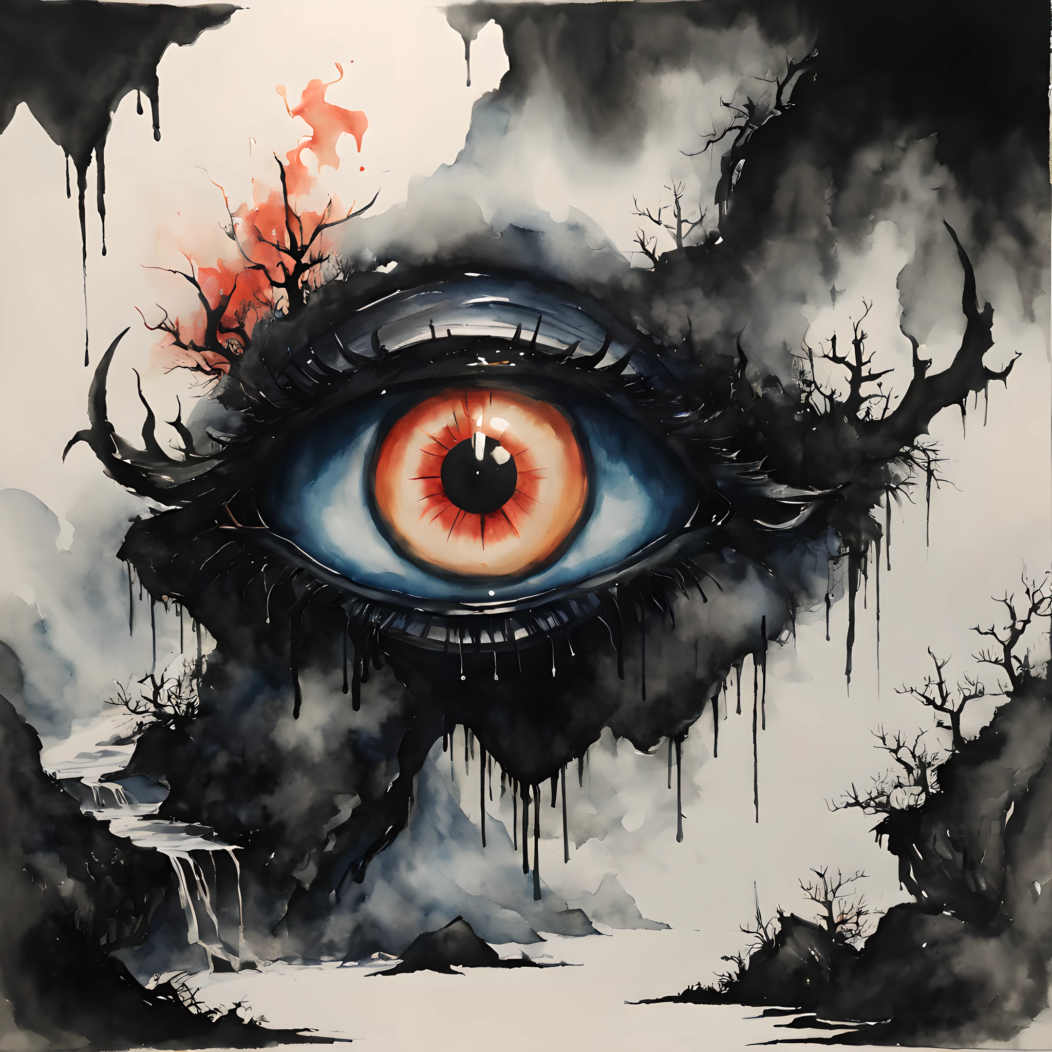 (halloween theme:1.5), (ink and watercolor painting:1.5), (Tasteful:1.5), (ink and watercolor painting:1.5), (Chinese style:1.5), (magic:1.5), (dripping paint;1.5), (dark theme:1.5), (fantasy:1.5), (devil's eye:1.5), (iinspiration from Road of the rings:1.5),