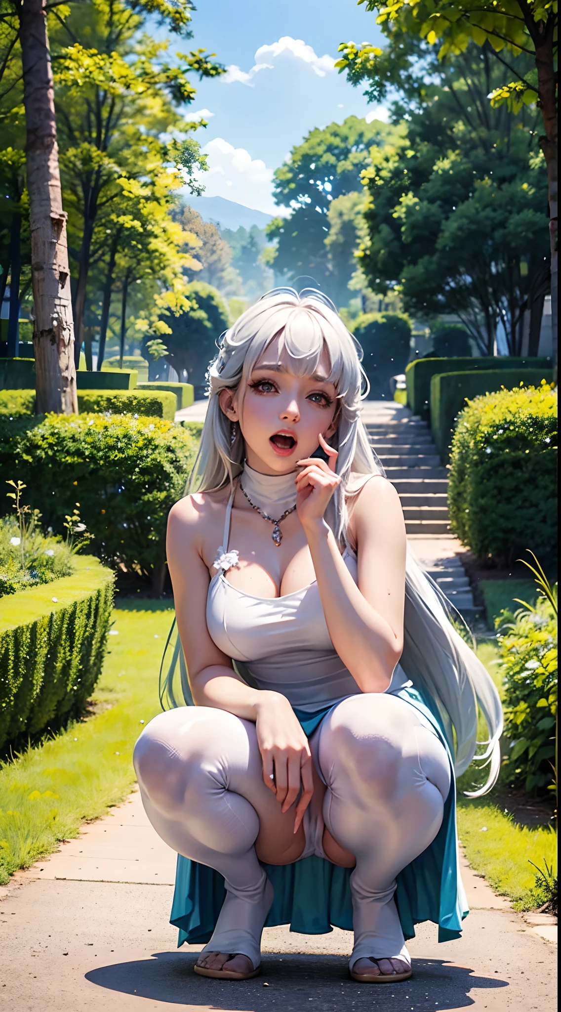 There is a stone statue in the middle of the forest，White silk pantyhose,open open mouth,spread their legs,Cute nose,cute and beautiful girl,The legs are relatively long,The chest is relatively large,Naked,,Face me below,The eyes are relatively large,Good facial features,Long hair，The reveal panties,The eyeballs are relatively large,sparkle in eyes,Tender feet,The nose is relatively large,White color hair,Raise your hands,Stick out her tongue，No shoes on，Pee,dual horsetail,Sweat all over the body,Squat horse step,Touch your fingers on your panties，With a lollipop in his mouth，streaming tears，Urine leaking from under panties，Time stops in the air，16K resolution