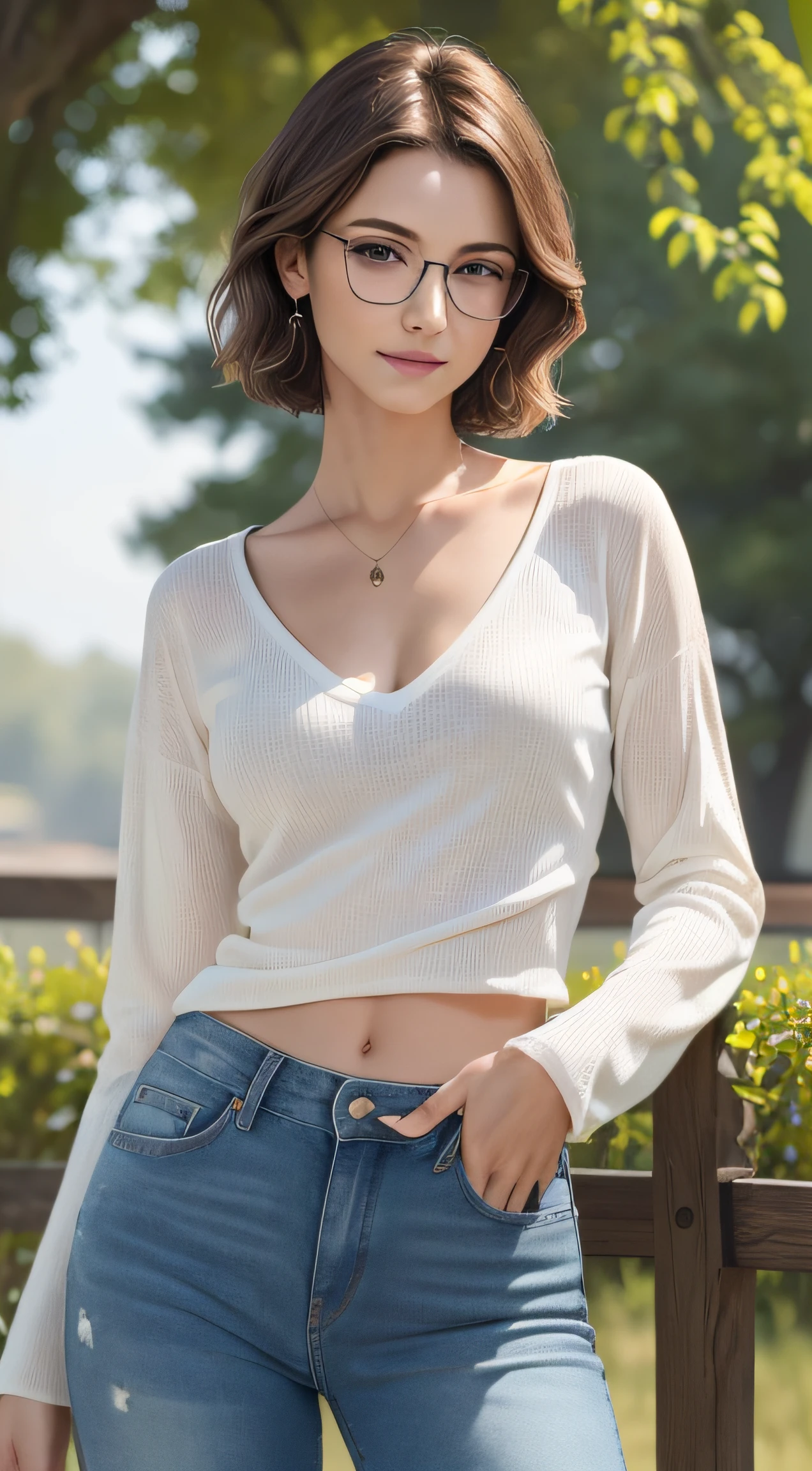 (Masterpiece, best quality, award winning, photorealistic, highres, UHD :1.4), portrait, sharp focus, close shot, 1 beautiful European female, pretty model, slender figure, beautiful midriff and abs, breasts, realistic skin, realistic detailed modeling face, beautiful eyes, layered hairstyle, short hair, highly detailed realistic hair, attractive, stunning, ((photorealistic, realistic, super realistic, realism, realistic detail)), v neck long sleeves tops, jean pants, wearing glasses, smirk, outdoor