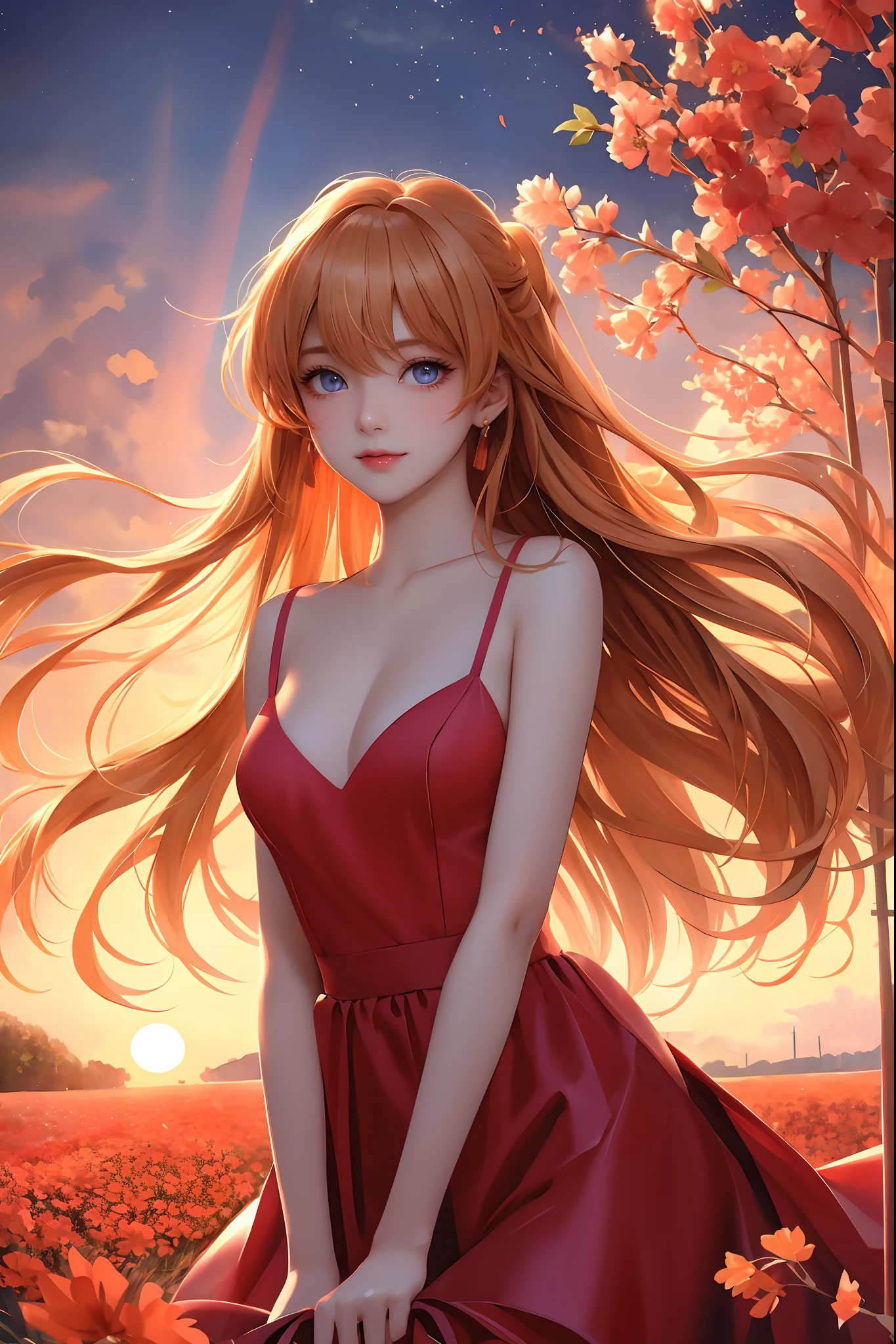 tmasterpiece，best qualtiy，8K，k hd，1girll，Human children，Asuka Langley Soryu，（（(watercolor paiting：1.4),(handpainted：1.2)）），12year old，Young，Solo，Chu Chu pitiful， gigantic cleavage breasts：1.3，Eyes sparkle，sharp sharp eyes，（glowing light eyes：1.233），（（Long orange hair，dual horsetail：1.3，shairband，Updraft，Bigboobs，Slim）），Expose the groin，Light smile，（（Red dress，No bra，the setting sun，flower  field，Strong edge lighting）），（beautiful and detailed eye：1.1），Blushlush，Oblique Angle of view：1.4，panoramic lens