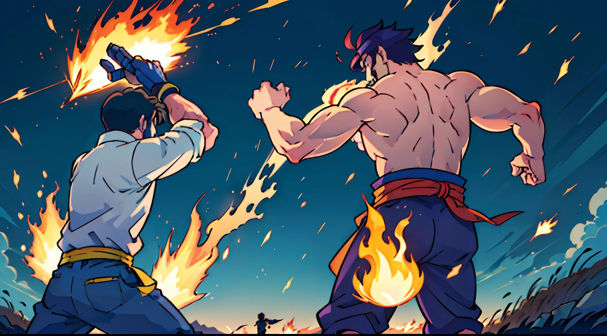 A empty field with kings teacher dead after his duel with koroshiki they now have a final fight king being equipped with his curo mark which gives him immense strength and his siganture wind ball vs koroshiki with earthquake fire speed portals and kings teacher wind ability a anime duel