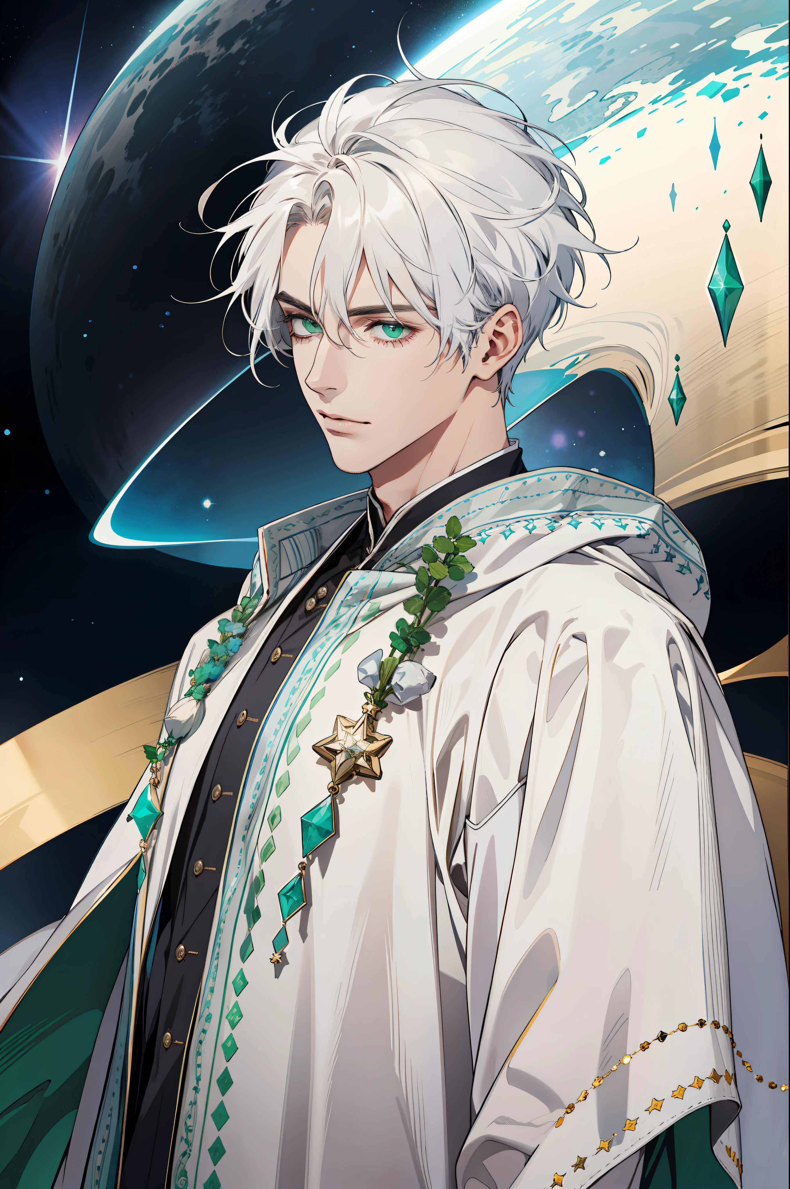 30-year-old man, white social hair, wearing a white robe with green details, with crystals around it, with cosmic aura