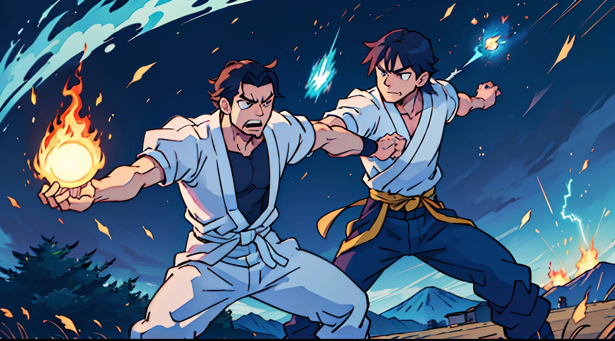 2 chicos, one with light brown hair and green eyes, piel clara, capucha negra y camiseta blanca con mangas cortas, con guantes rojos y zapatos negros, pantalones negros, arquero, with a cartridge of arrows behind him and a bow in his hand fighting with a tall and thin one, white hair and crimson eyes. Armadura de caballero no muy exagerada, dark brown gloves and black boots, belt with a sword case, mangas rojas, cabello desordenado con espada