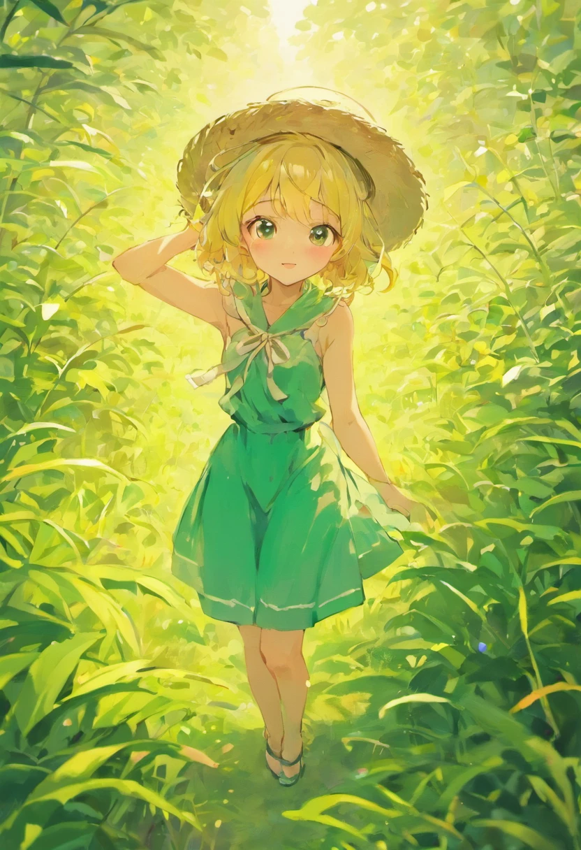 A girl in a straw hat,long whitr hair,Green dress,Walk the winding roads of the countryside,large clouds、Warm sun,blue-sky、Rice fields,There are neat rice seedlings in the field,ln the forest,hillside,Quiet,high definition detail、hyper-detailing、ultra-realistic realism、Soft light、Deep field focus bokeh
